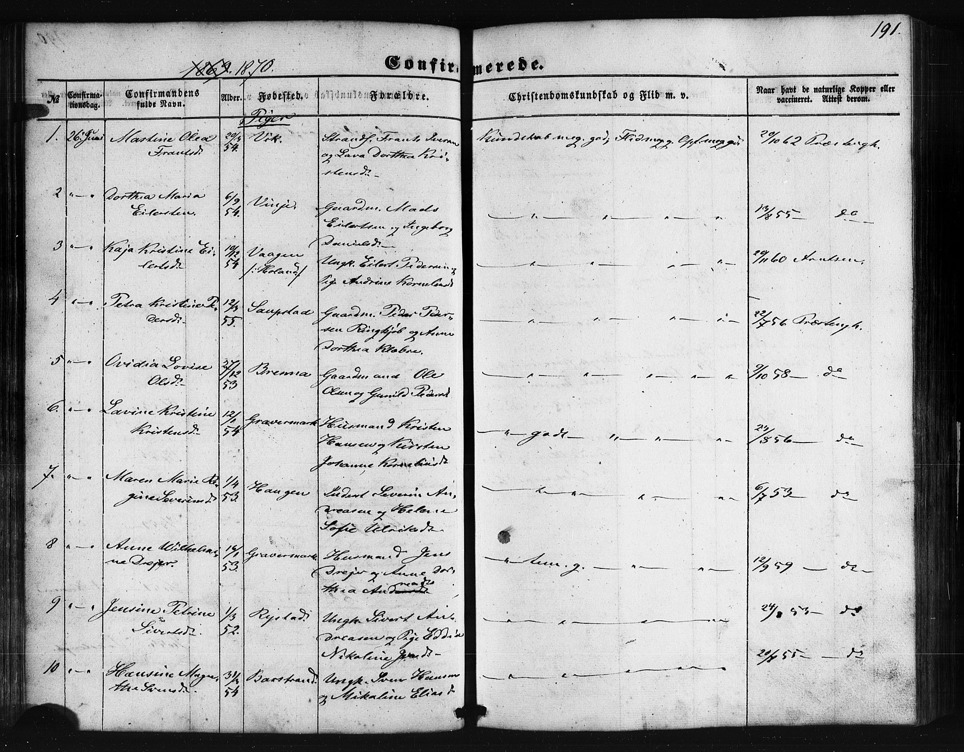 Ministerialprotokoller, klokkerbøker og fødselsregistre - Nordland, SAT/A-1459/876/L1095: Ministerialbok nr. 876A01, 1863-1885, s. 191