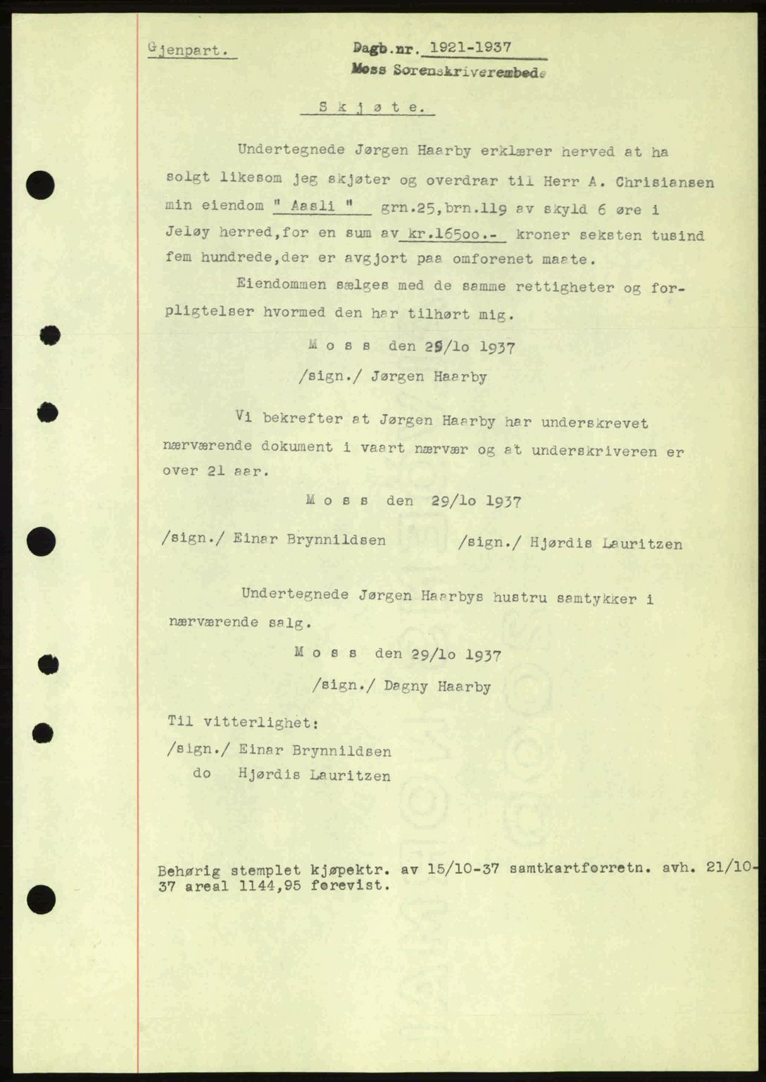 Moss sorenskriveri, SAO/A-10168: Pantebok nr. A3, 1937-1938, Dagboknr: 1921/1937