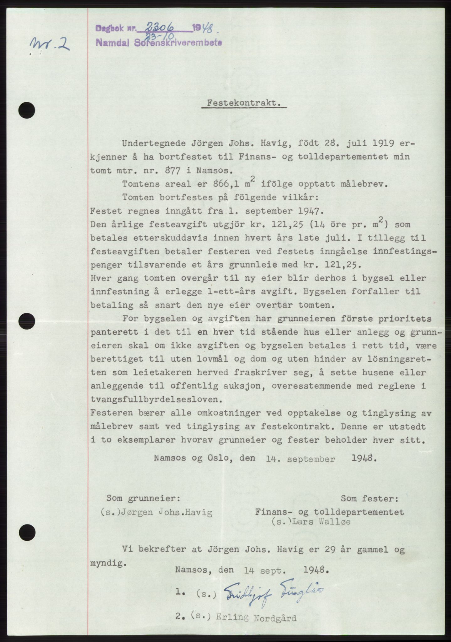 Namdal sorenskriveri, SAT/A-4133/1/2/2C: Pantebok nr. -, 1948-1948, Dagboknr: 2306/1948