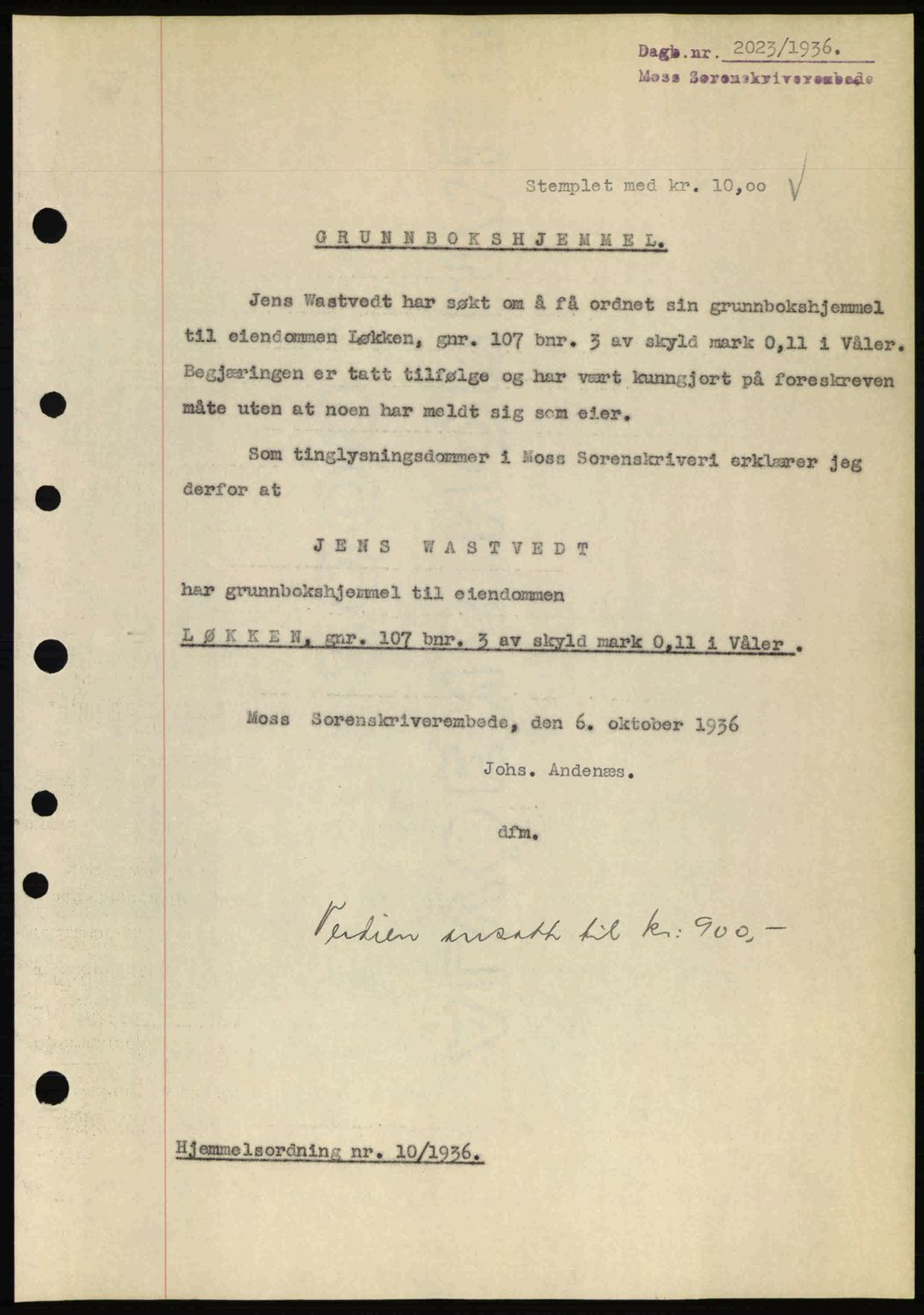 Moss sorenskriveri, SAO/A-10168: Pantebok nr. A2, 1936-1937, Dagboknr: 2023/1936