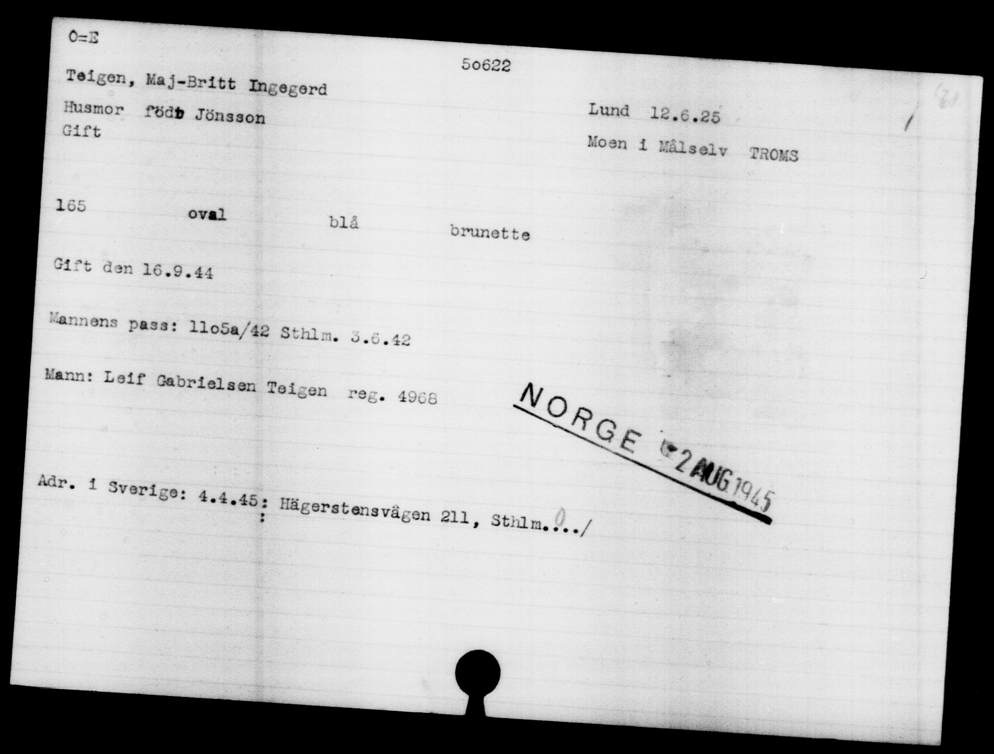 Utenriksstasjonene, Legasjonen i Stockholm, Flyktningkontoret, AV/RA-S-6753/V/Va/L0019: Kjesäterkartoteket, flyktninger med registreringsnr. 49600-55060, 1940-1945, s. 1050