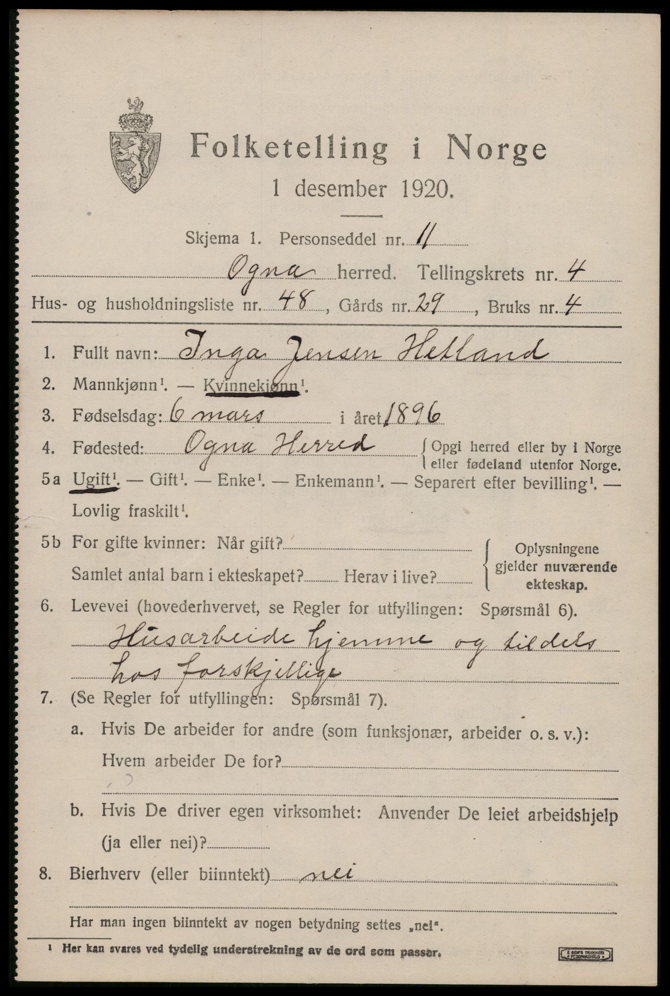 SAST, Folketelling 1920 for 1117 Ogna herred, 1920, s. 2999