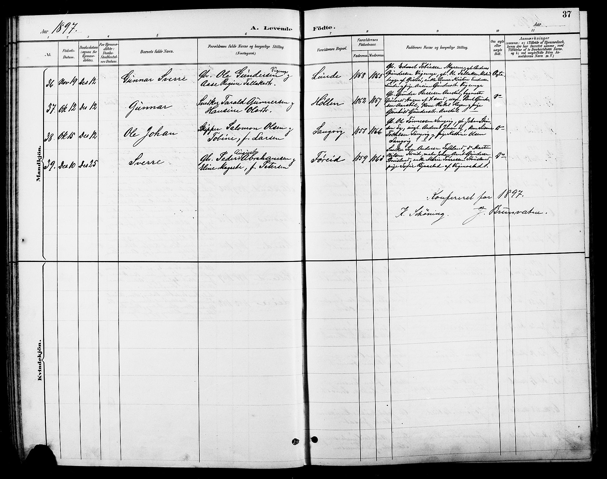 Søgne sokneprestkontor, AV/SAK-1111-0037/F/Fb/Fbb/L0006: Klokkerbok nr. B 6, 1892-1911, s. 37