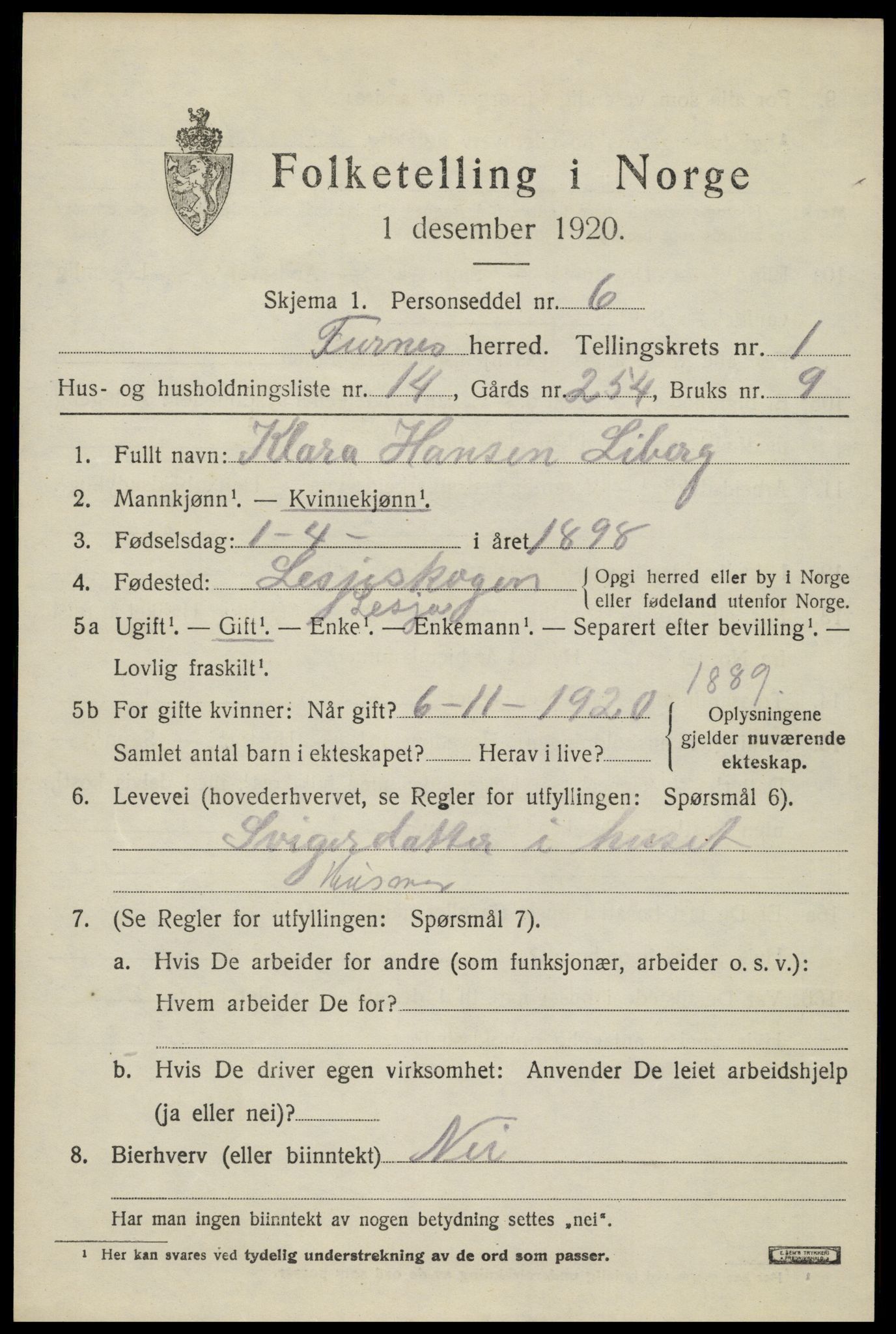 SAH, Folketelling 1920 for 0413 Furnes herred, 1920, s. 1807