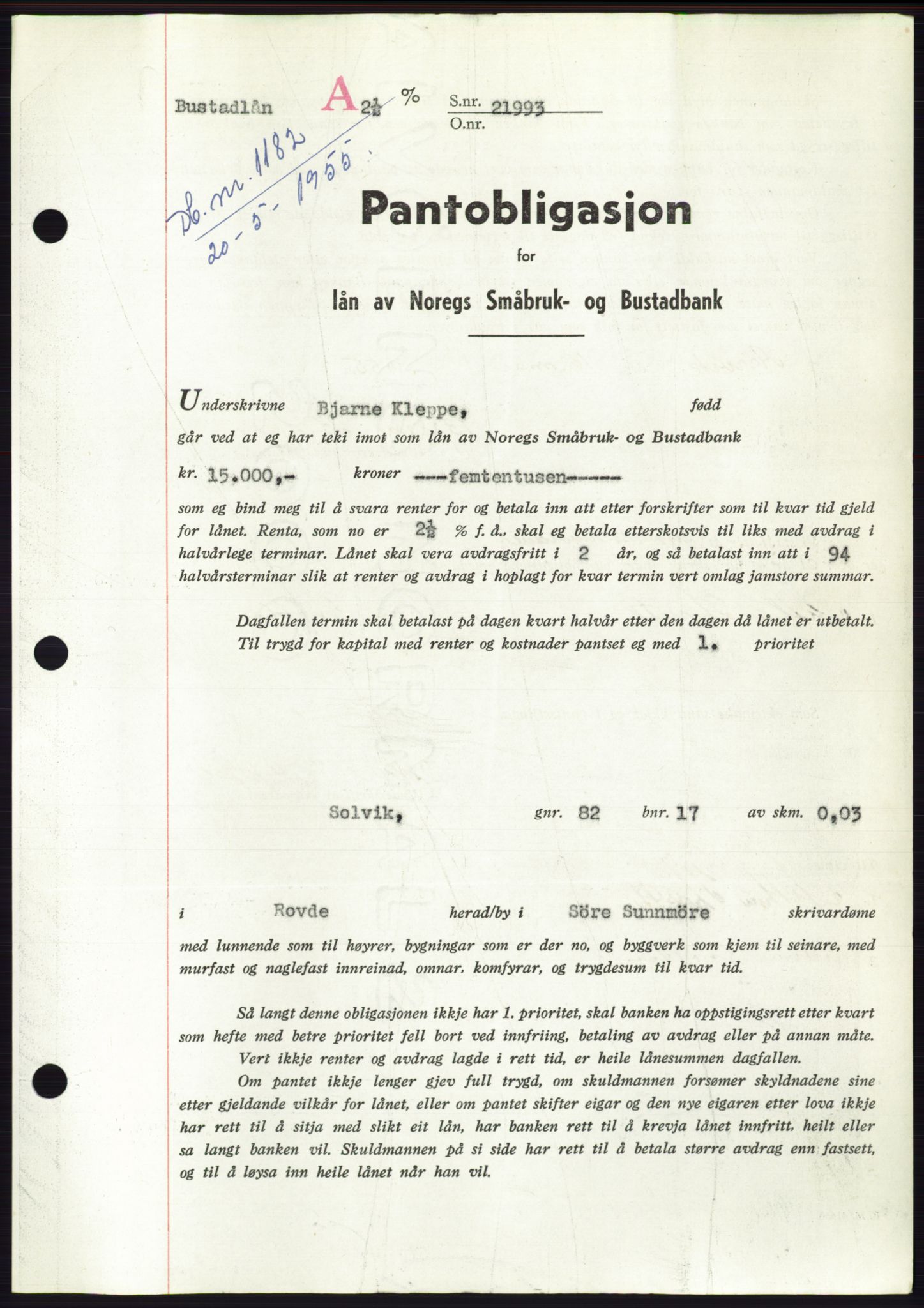 Søre Sunnmøre sorenskriveri, AV/SAT-A-4122/1/2/2C/L0126: Pantebok nr. 14B, 1954-1955, Dagboknr: 1182/1955