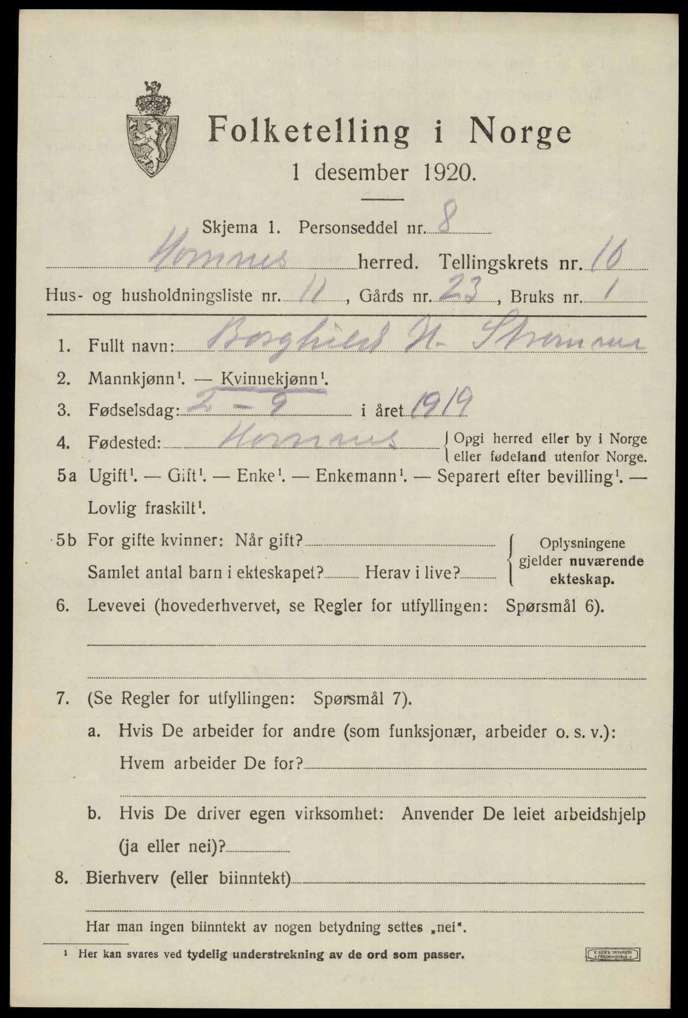 SAK, Folketelling 1920 for 0936 Hornnes herred, 1920, s. 2629