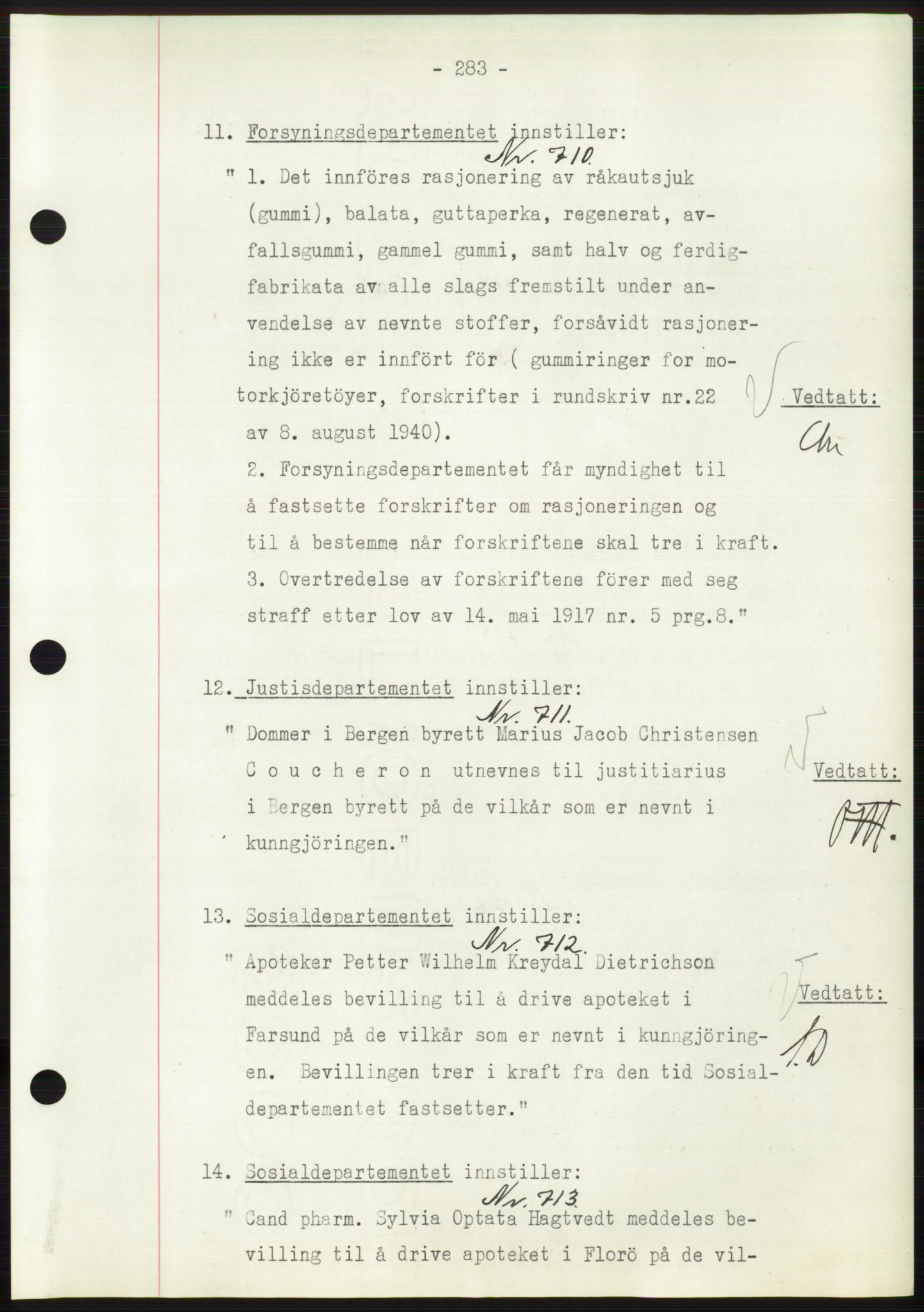 Administrasjonsrådet, AV/RA-S-1004/A/L0002: Vedtaksprotokoll 16/4-25/9, 1940, s. 287