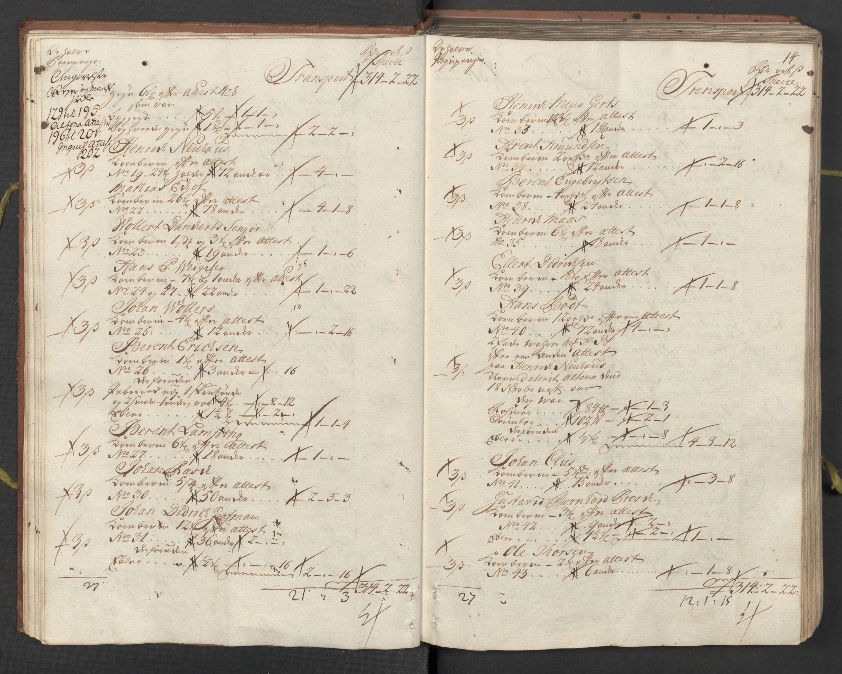 Generaltollkammeret, tollregnskaper, AV/RA-EA-5490/R26/L0023/0001: Tollregnskaper Bergen A / Inngående hovedtollbok, 1733, s. 13b-14a