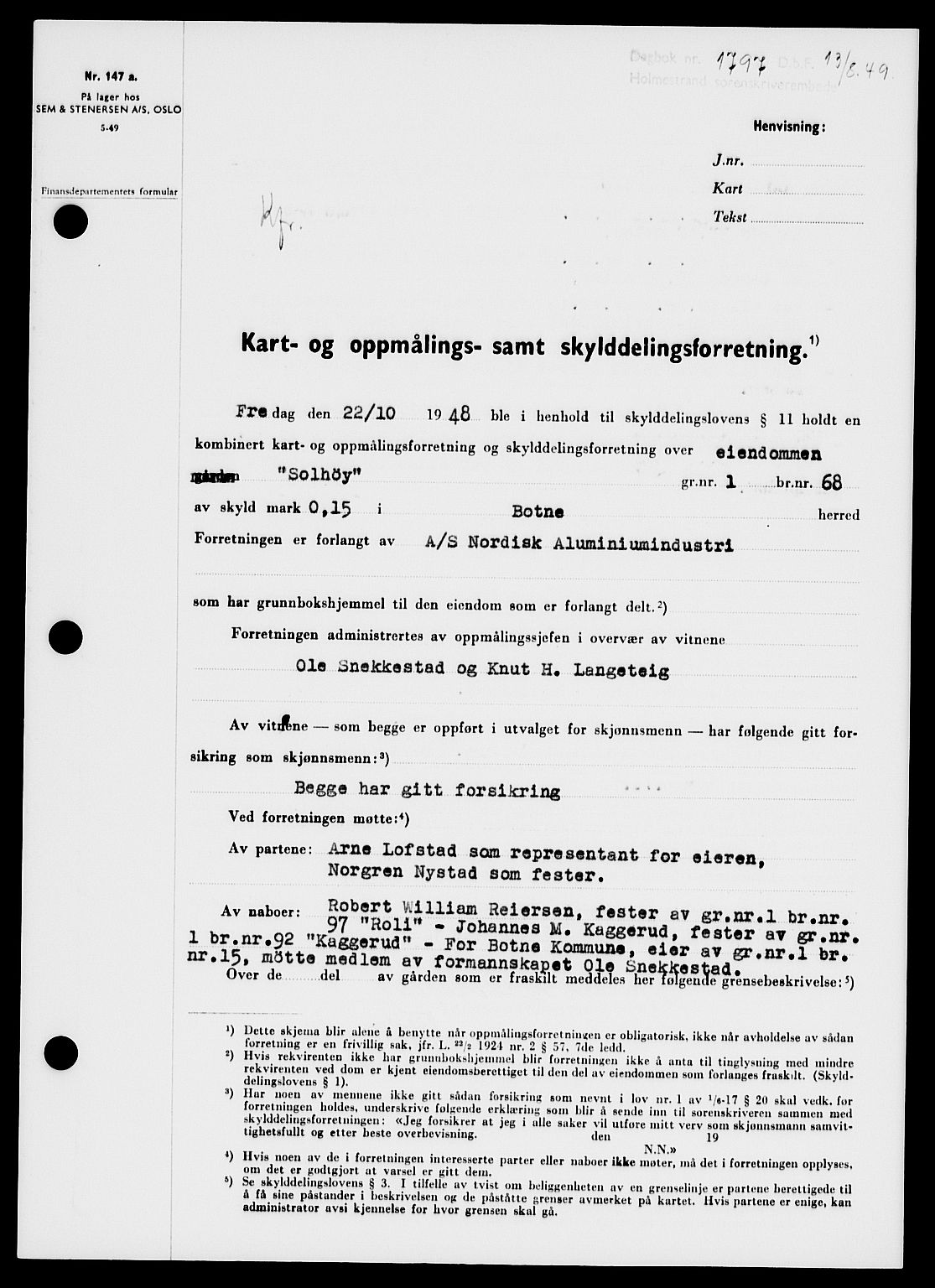 Holmestrand sorenskriveri, SAKO/A-67/G/Ga/Gaa/L0067: Pantebok nr. A-67, 1949-1949, Dagboknr: 1797/1949