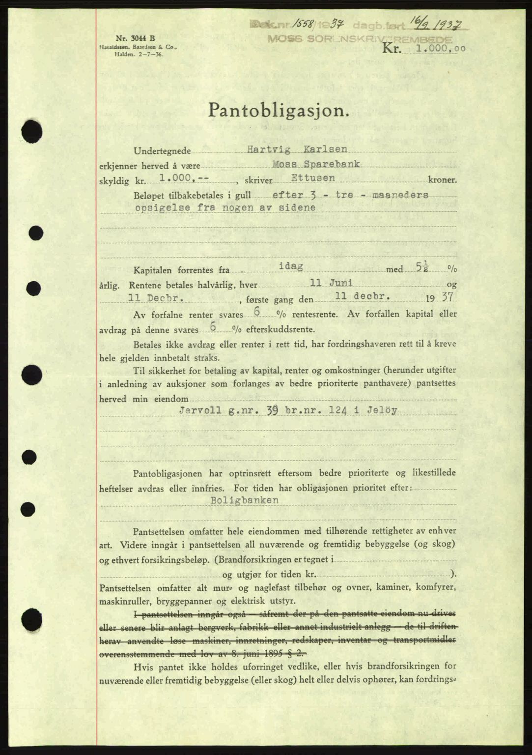 Moss sorenskriveri, SAO/A-10168: Pantebok nr. B4, 1937-1938, Dagboknr: 1558/1937