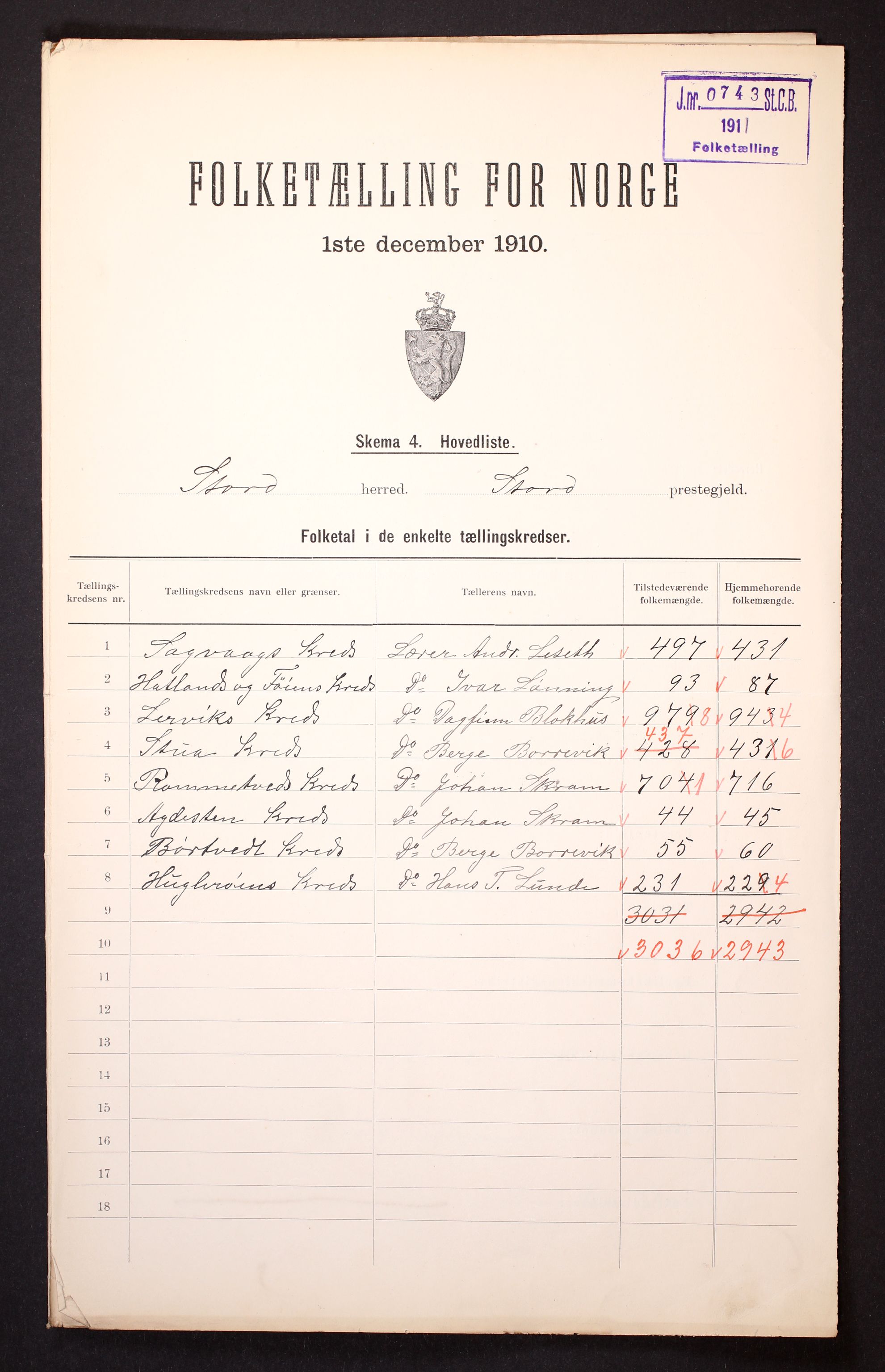 RA, Folketelling 1910 for 1221 Stord herred, 1910, s. 2