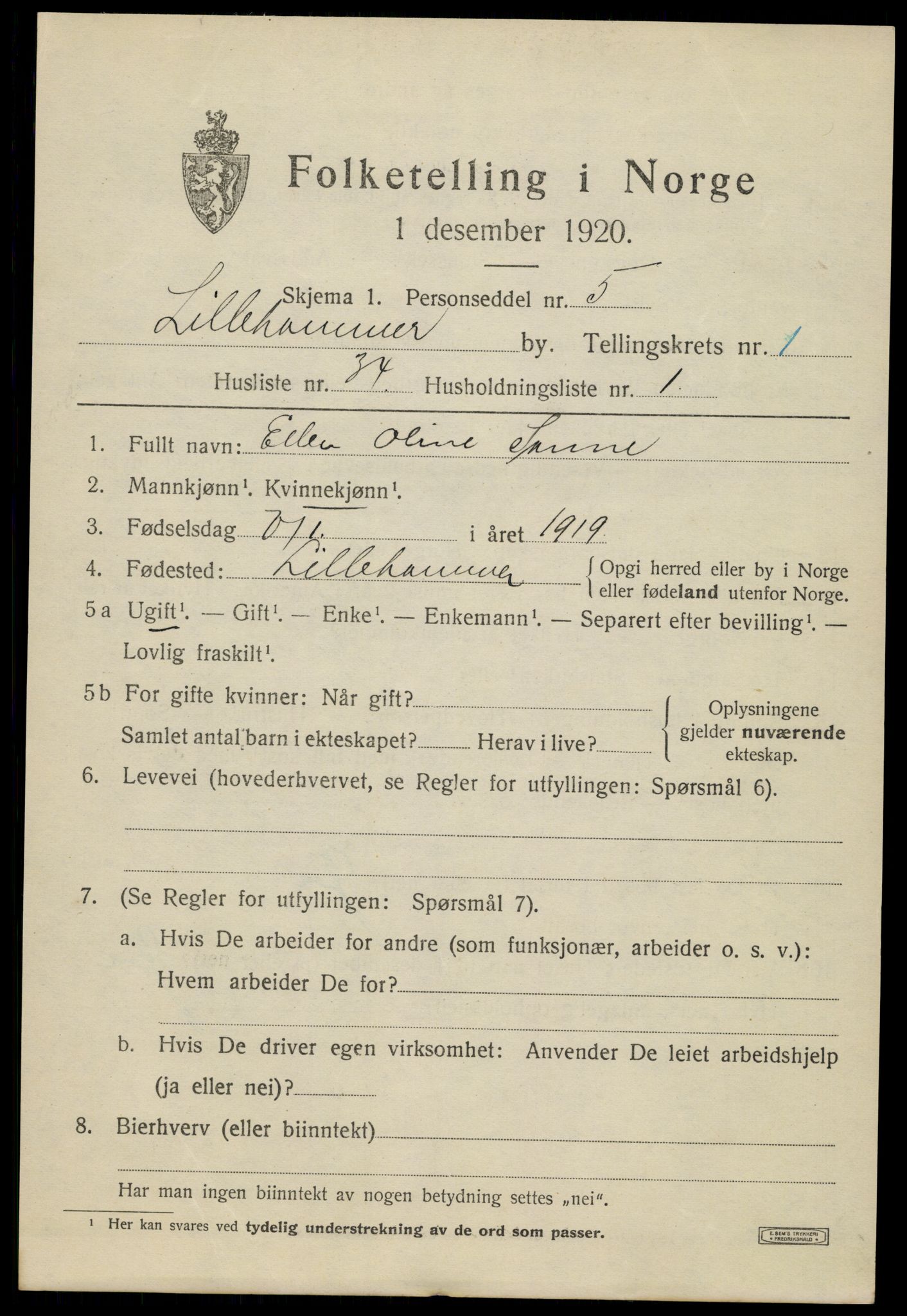 SAH, Folketelling 1920 for 0501 Lillehammer kjøpstad, 1920, s. 4210