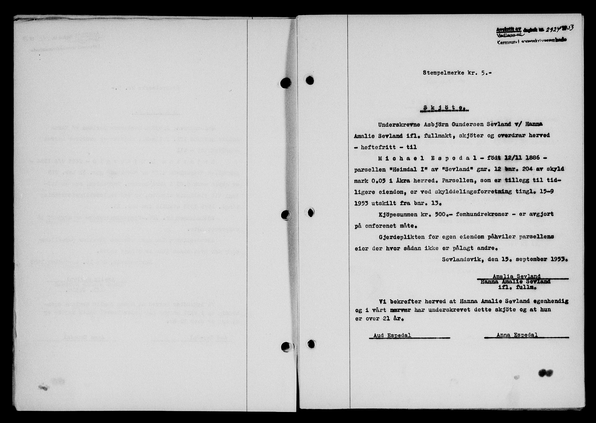 Karmsund sorenskriveri, SAST/A-100311/01/II/IIB/L0109: Pantebok nr. 89A, 1953-1953, Dagboknr: 2924/1953
