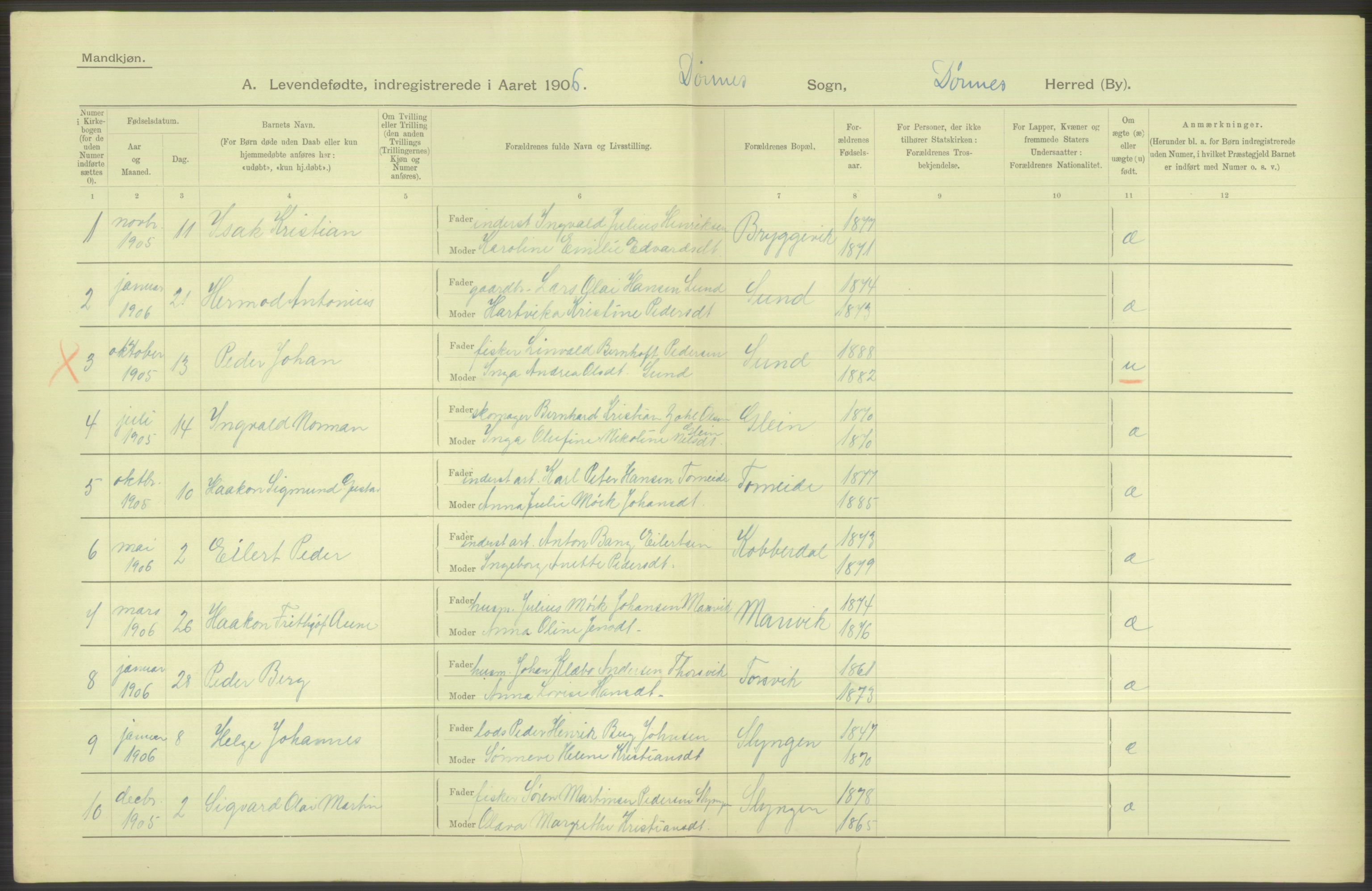 Statistisk sentralbyrå, Sosiodemografiske emner, Befolkning, AV/RA-S-2228/D/Df/Dfa/Dfad/L0043: Nordlands amt: Levendefødte menn og kvinner. Bygder., 1906, s. 90