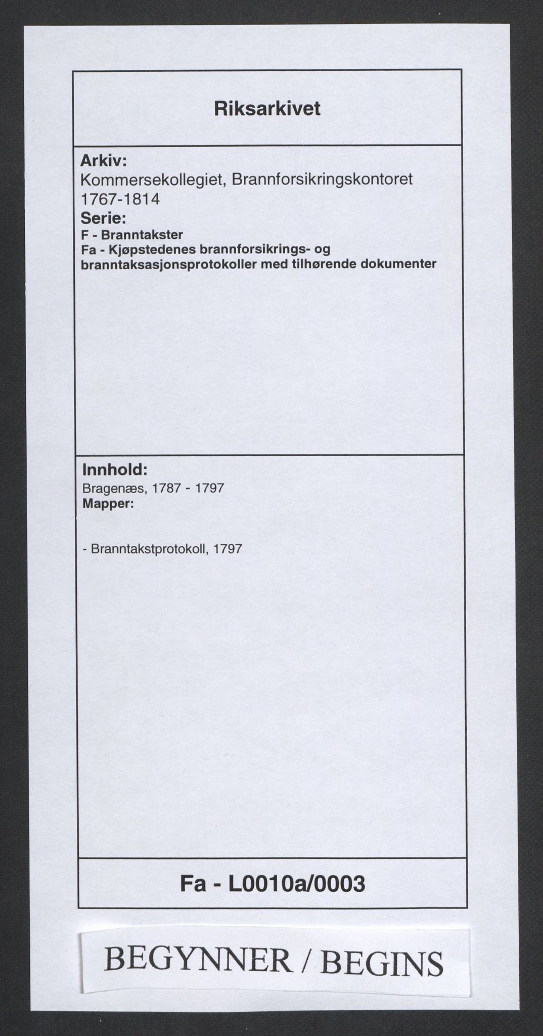 Kommersekollegiet, Brannforsikringskontoret 1767-1814, RA/EA-5458/F/Fa/L0010a/0003: Bragernes / Branntakstprotokoll, 1797