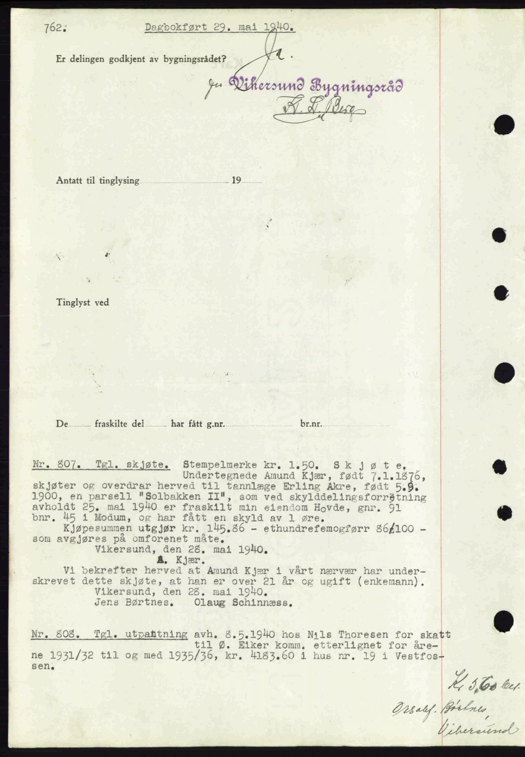 Eiker, Modum og Sigdal sorenskriveri, SAKO/A-123/G/Ga/Gab/L0041: Pantebok nr. A11, 1939-1940, Dagboknr: 807/1940