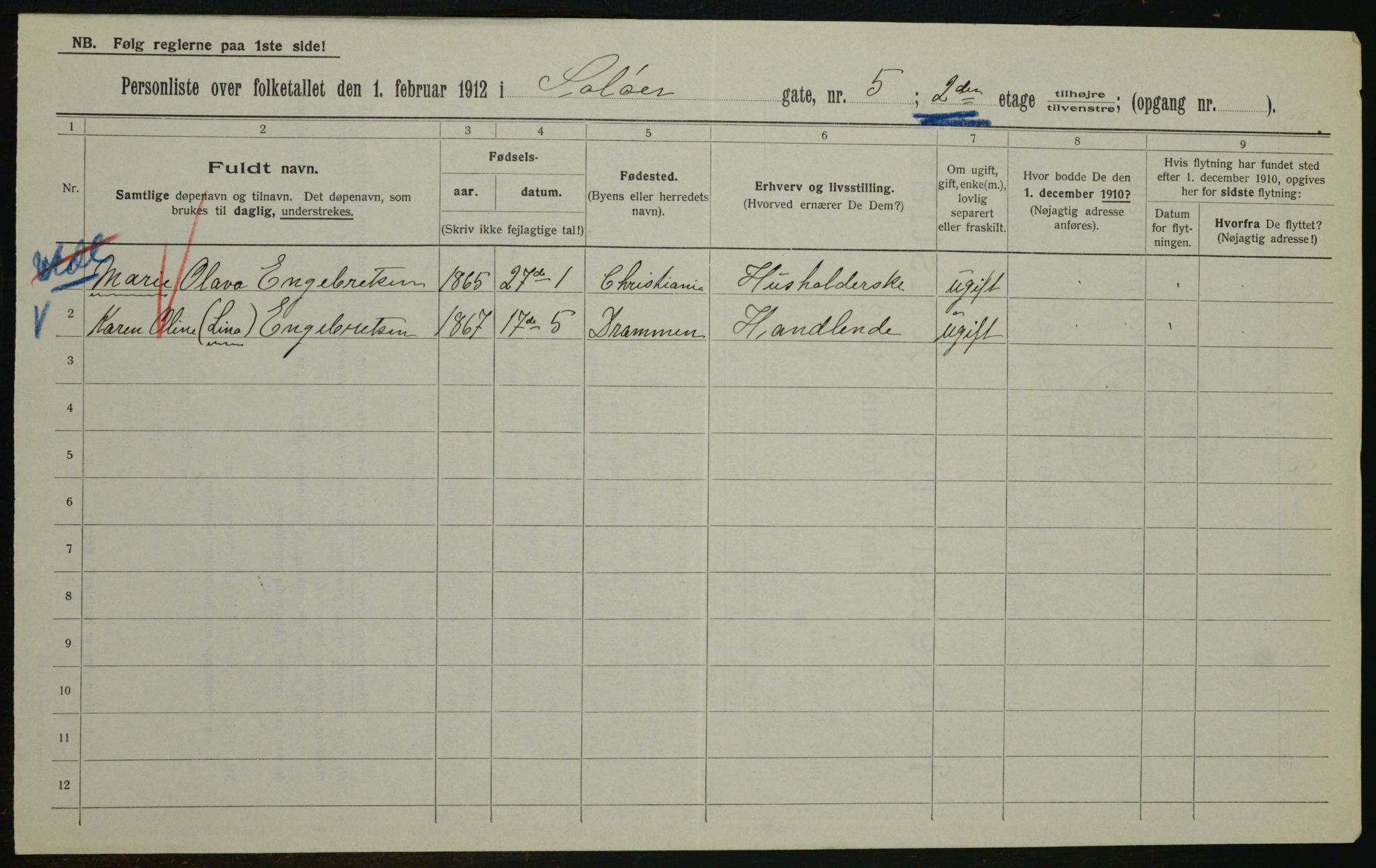 OBA, Kommunal folketelling 1.2.1912 for Kristiania, 1912, s. 100045