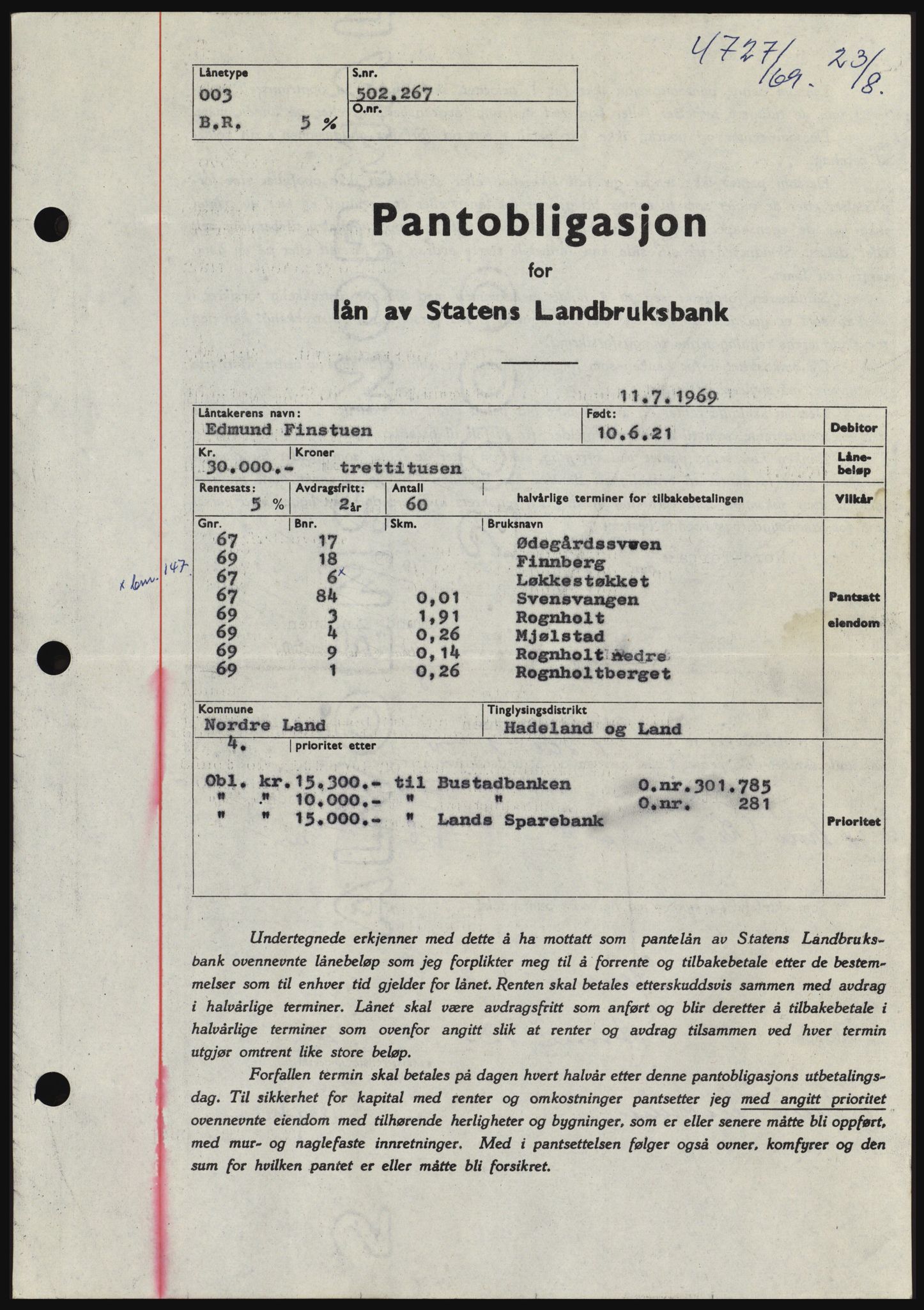 Hadeland og Land tingrett, SAH/TING-010/H/Hb/Hbc/L0074: Pantebok nr. B74, 1969-1969, Dagboknr: 4727/1969