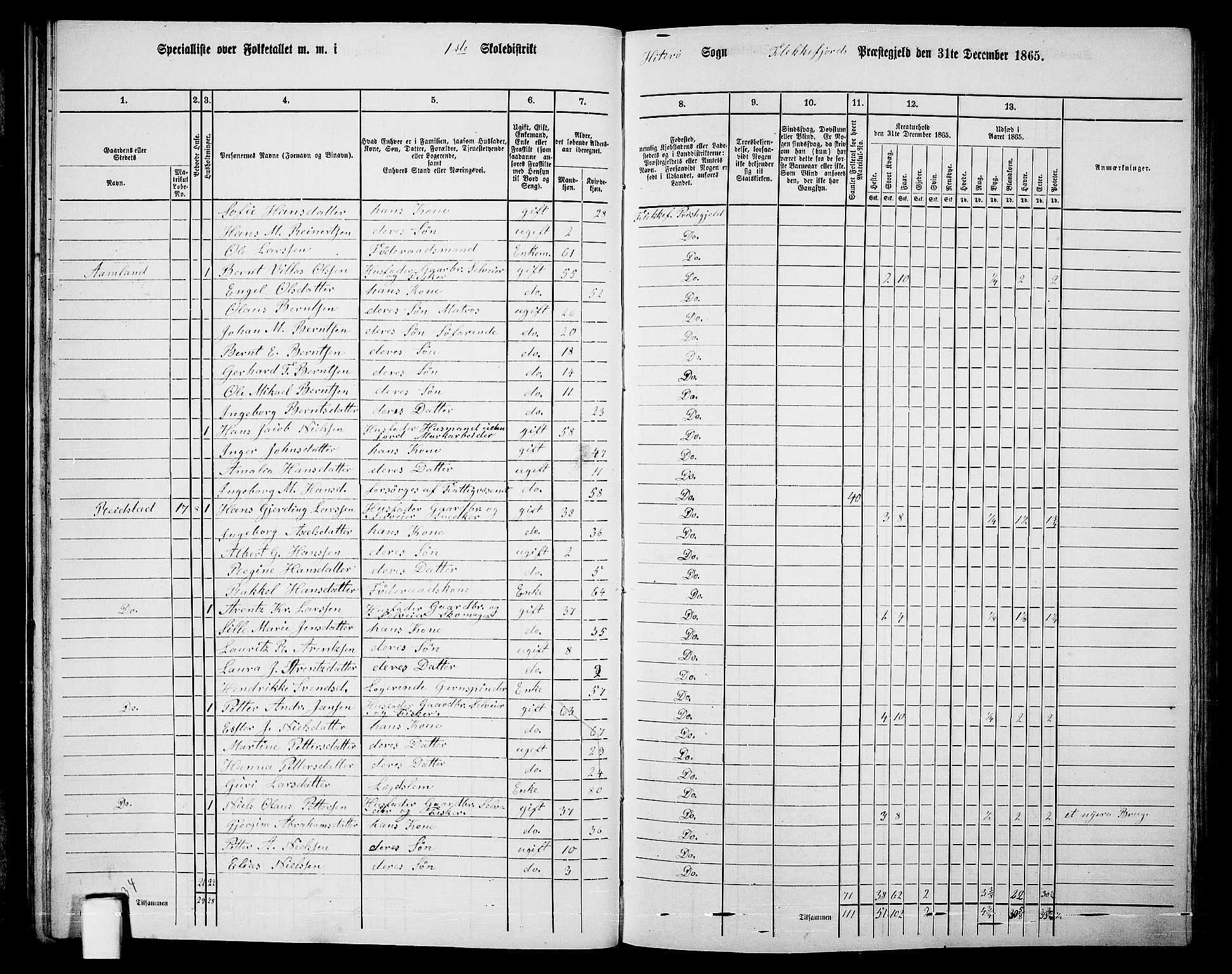 RA, Folketelling 1865 for 1042L Flekkefjord prestegjeld, Nes sokn og Hidra sokn, 1865, s. 32