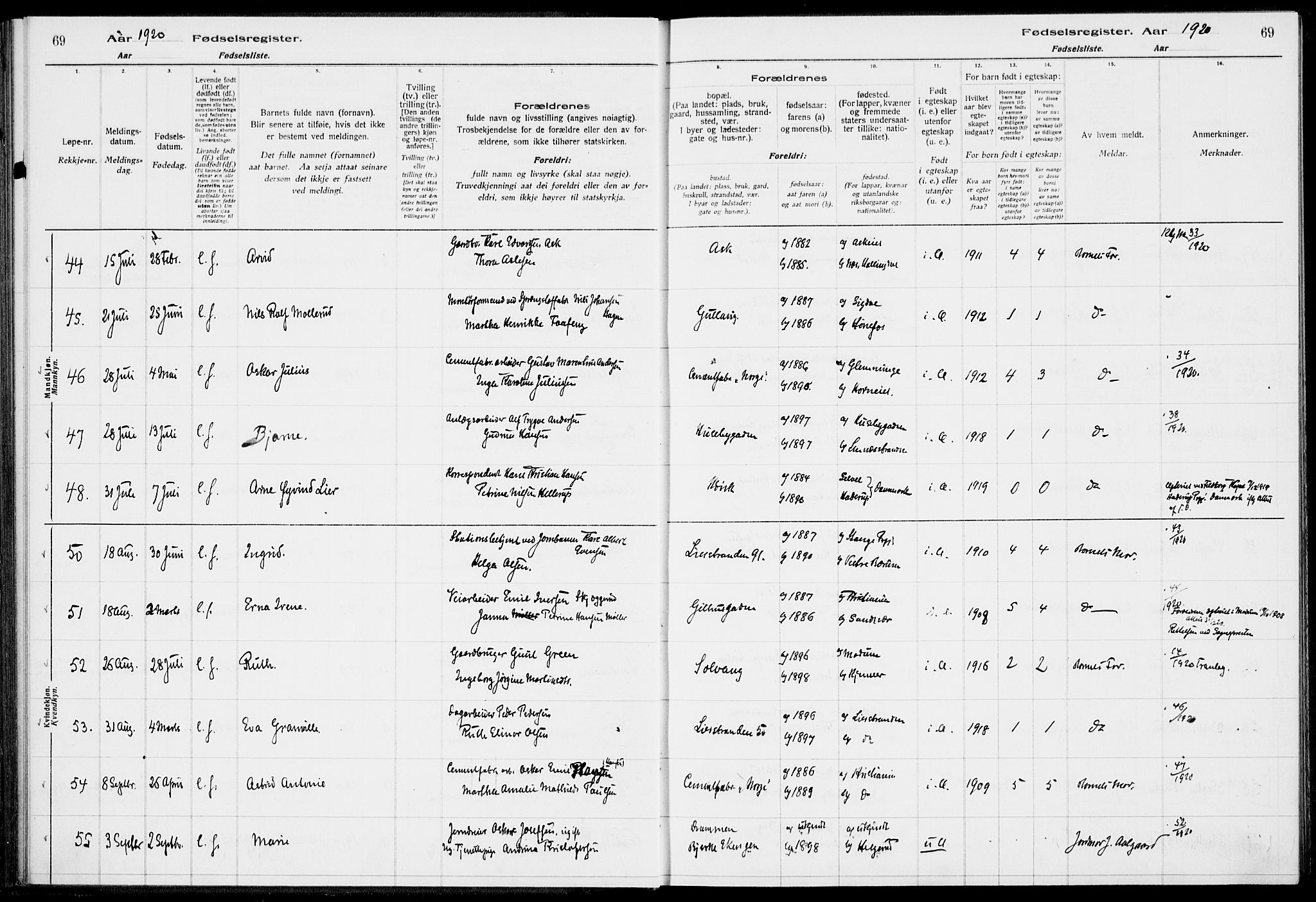 Lier kirkebøker, SAKO/A-230/J/Ja/L0001: Fødselsregister nr. 1, 1916-1928, s. 69