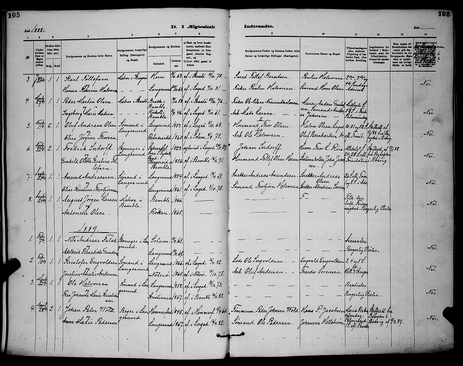 Langesund kirkebøker, AV/SAKO-A-280/G/Ga/L0005: Klokkerbok nr. 5, 1884-1898, s. 105
