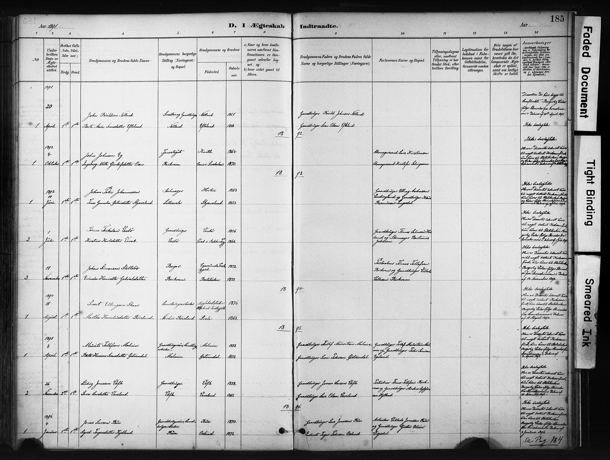 Helleland sokneprestkontor, SAST/A-101810: Ministerialbok nr. A 9, 1887-1908, s. 185
