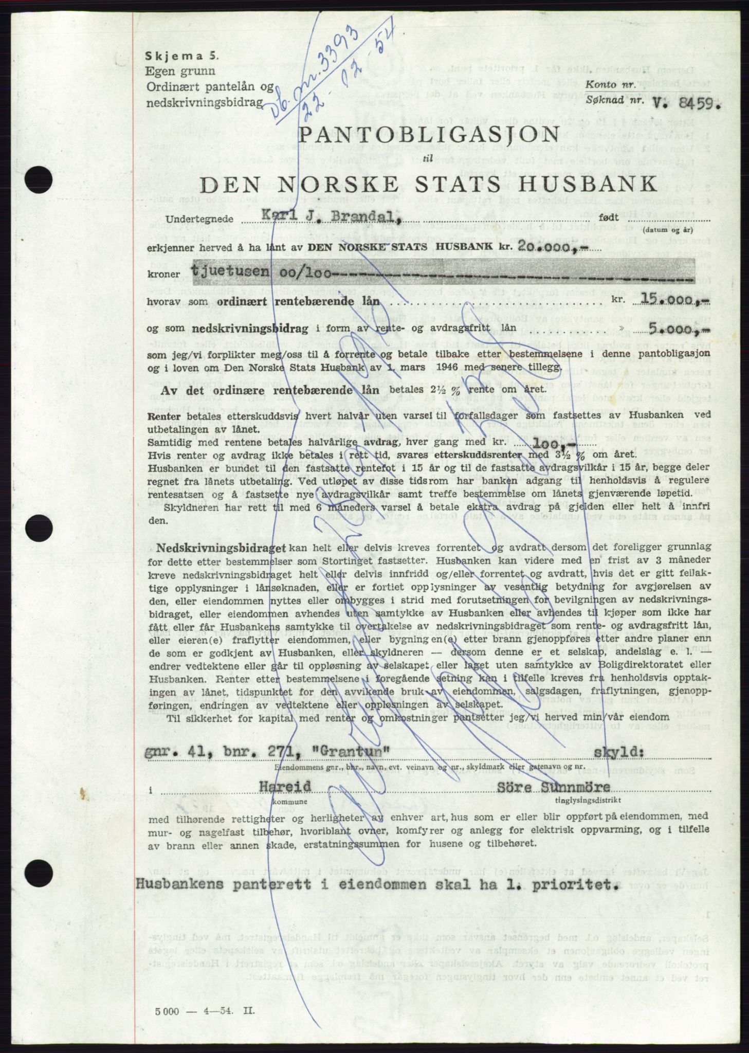 Søre Sunnmøre sorenskriveri, AV/SAT-A-4122/1/2/2C/L0126: Pantebok nr. 14B, 1954-1955, Dagboknr: 3393/1954