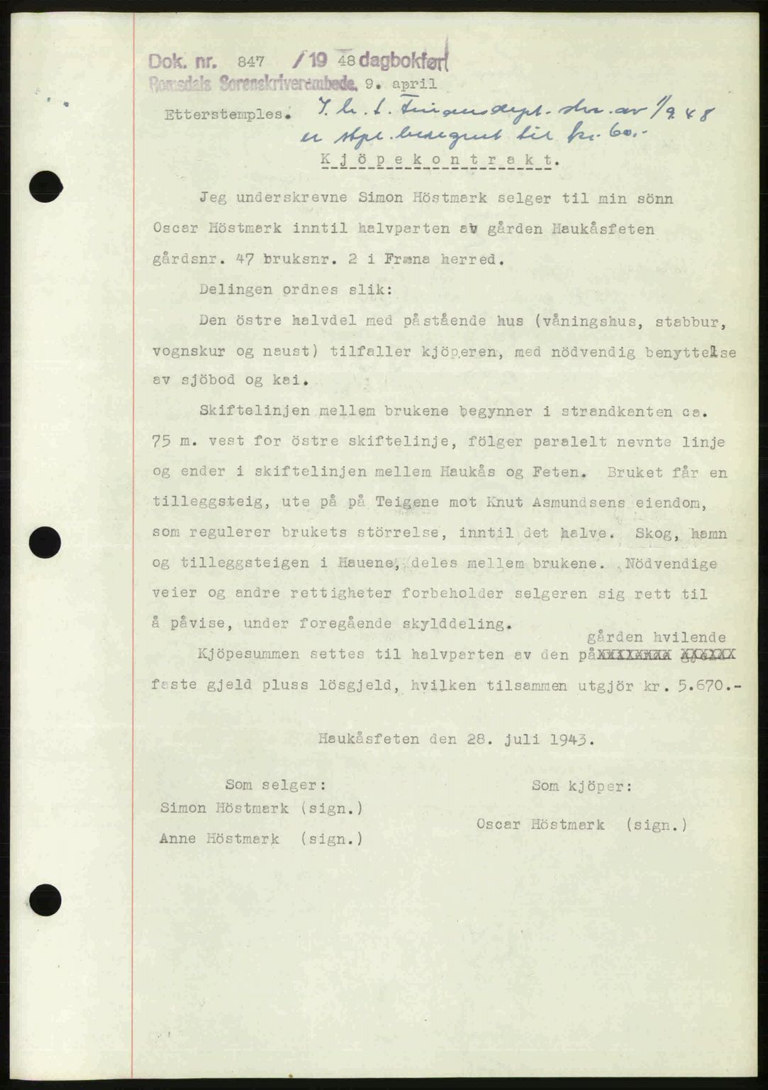Romsdal sorenskriveri, SAT/A-4149/1/2/2C: Pantebok nr. A25, 1948-1948, Dagboknr: 847/1948