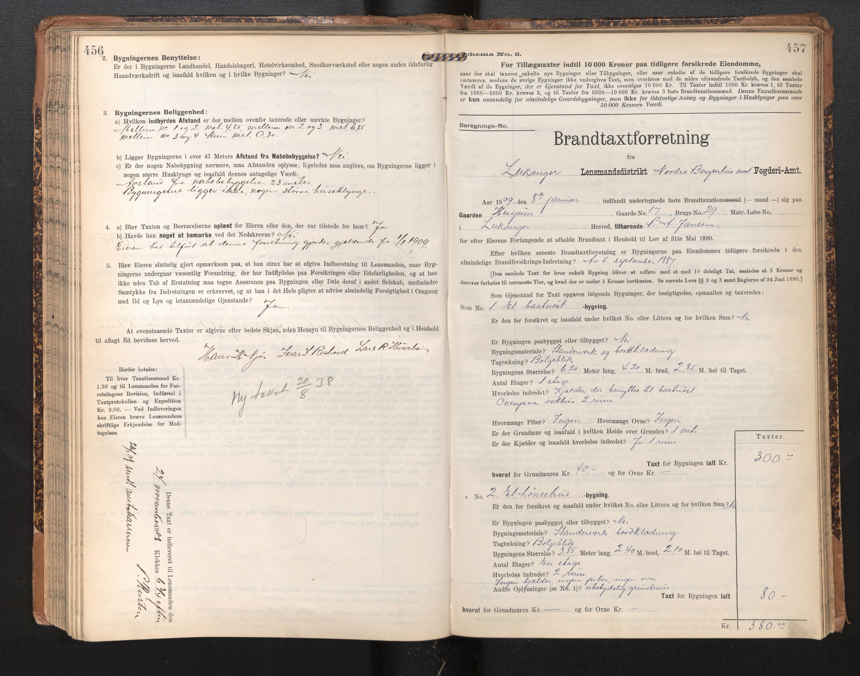 Lensmannen i Leikanger, SAB/A-29201/0012/L0005: Branntakstprotokoll, skjematakst, 1907-1917, s. 456-457