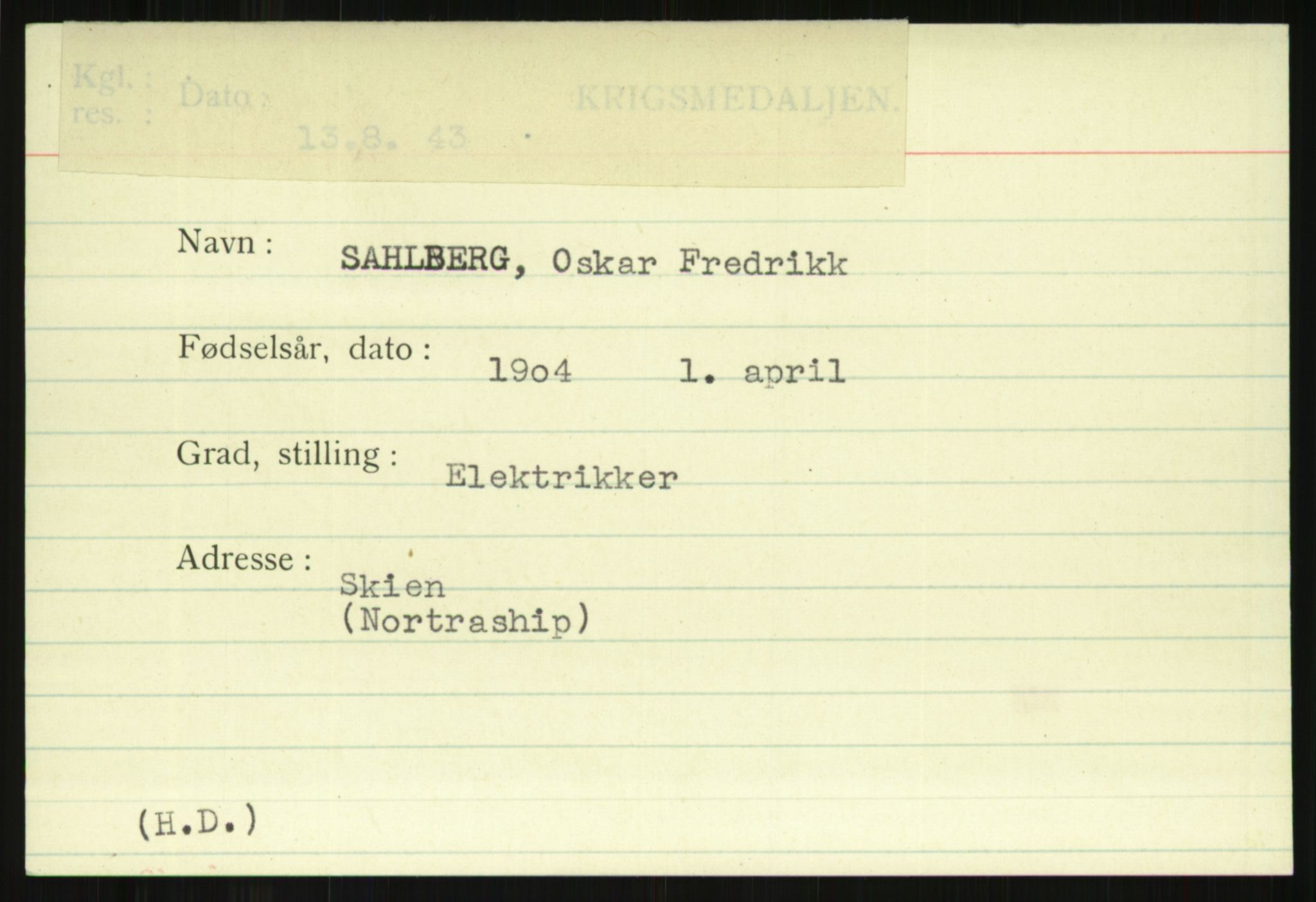 Direktoratet for sjømenn, AV/RA-S-3545/G/Gi/L0008: Kartotek over krigsdekorasjoner tildelt nordmenn under krigen, 1940-1945, s. 1333