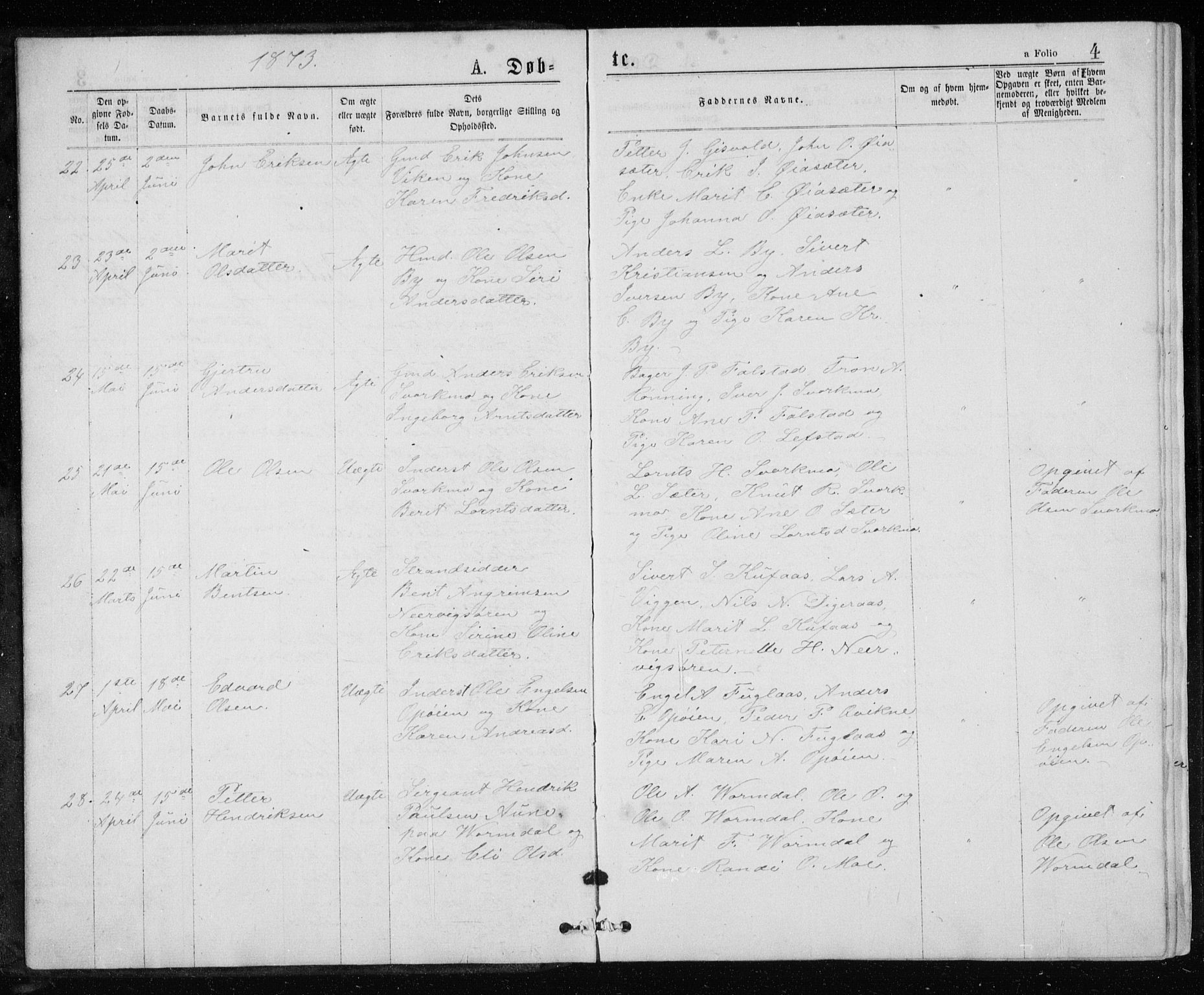 Ministerialprotokoller, klokkerbøker og fødselsregistre - Sør-Trøndelag, AV/SAT-A-1456/671/L0843: Klokkerbok nr. 671C02, 1873-1892, s. 4