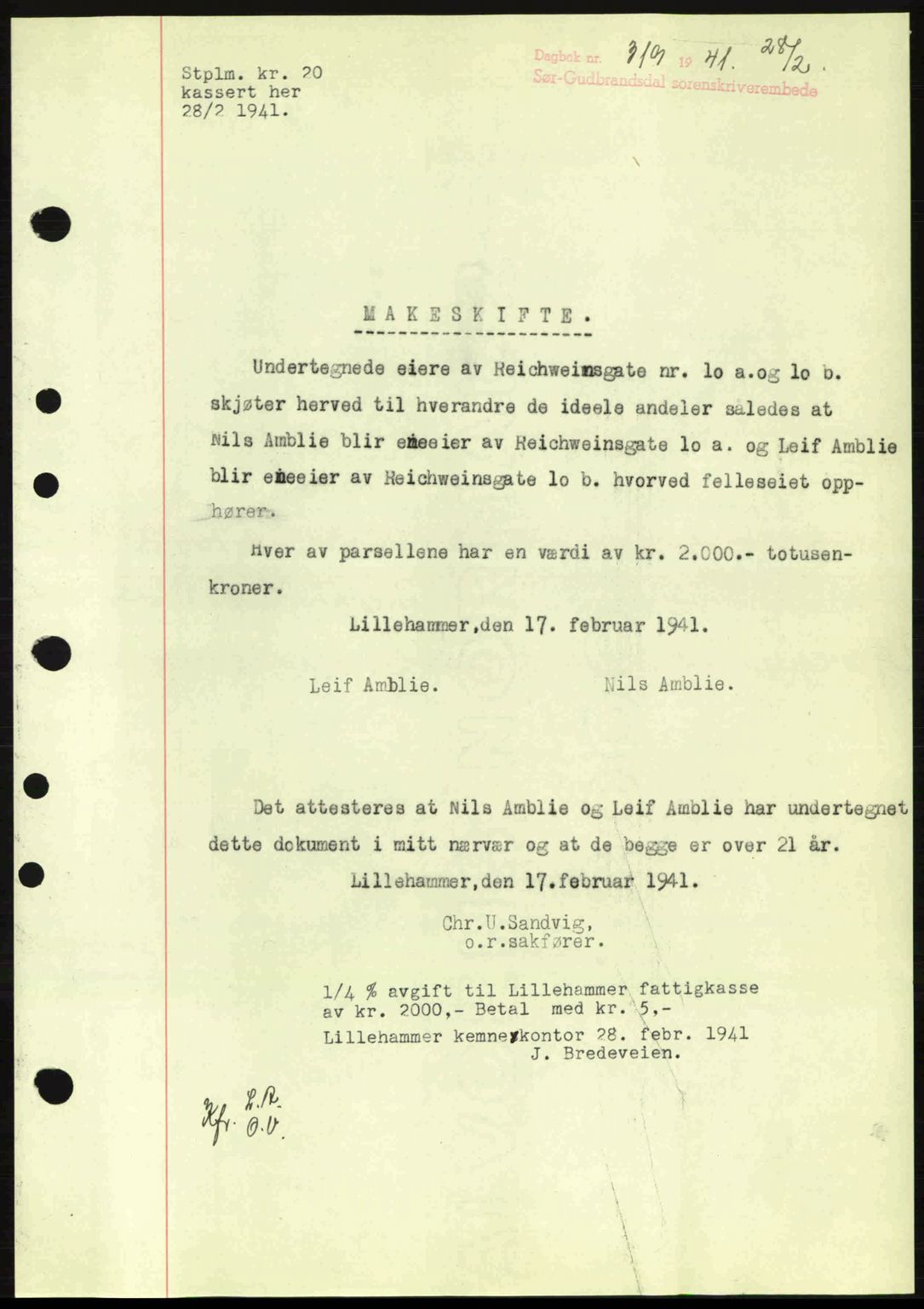 Sør-Gudbrandsdal tingrett, SAH/TING-004/H/Hb/Hbd/L0008: Pantebok nr. A8, 1940-1941, Dagboknr: 319/1941