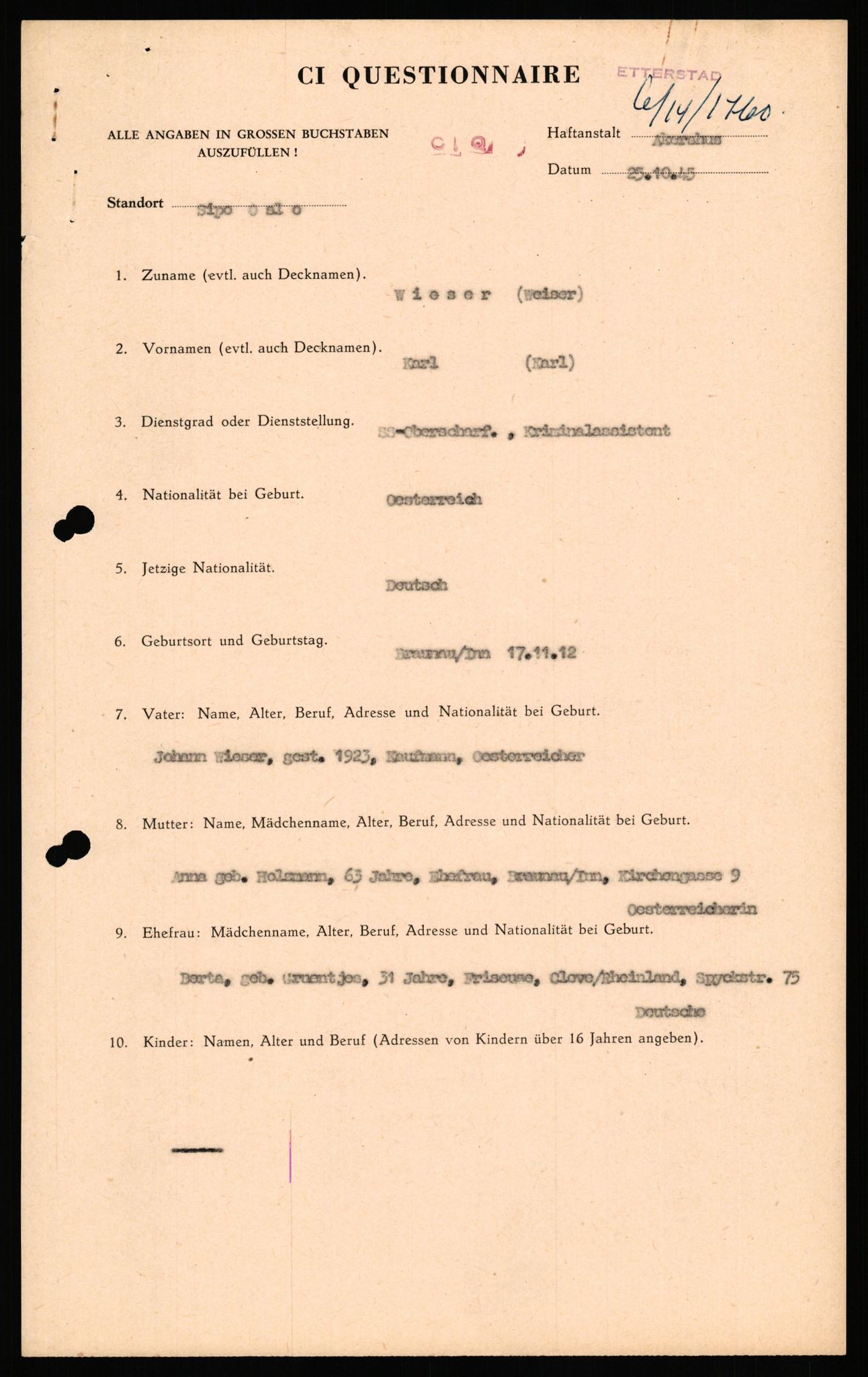 Forsvaret, Forsvarets overkommando II, AV/RA-RAFA-3915/D/Db/L0035: CI Questionaires. Tyske okkupasjonsstyrker i Norge. Tyskere., 1945-1946, s. 523