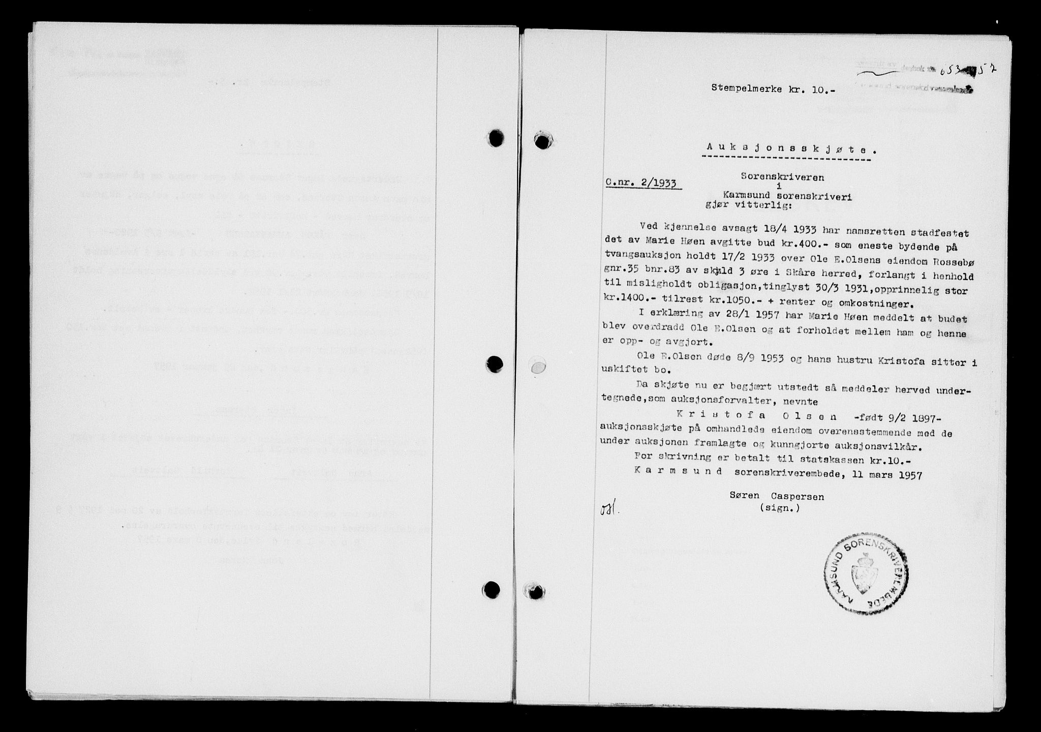 Karmsund sorenskriveri, SAST/A-100311/01/II/IIB/L0124: Pantebok nr. 104A, 1957-1957, Dagboknr: 653/1957
