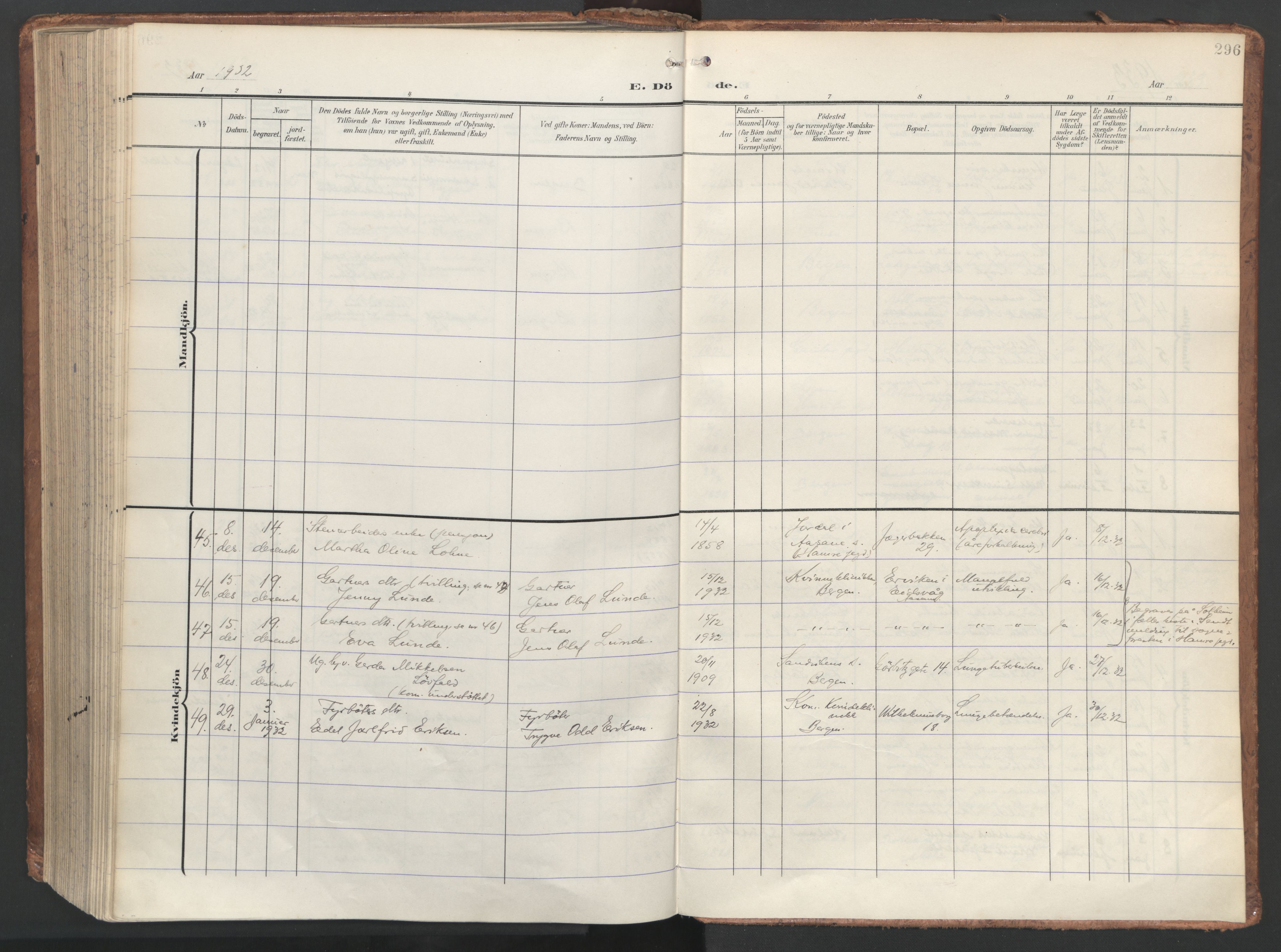 Sandviken Sokneprestembete, AV/SAB-A-77601/H/Ha/L0019: Ministerialbok nr. E 2, 1905-1933, s. 296