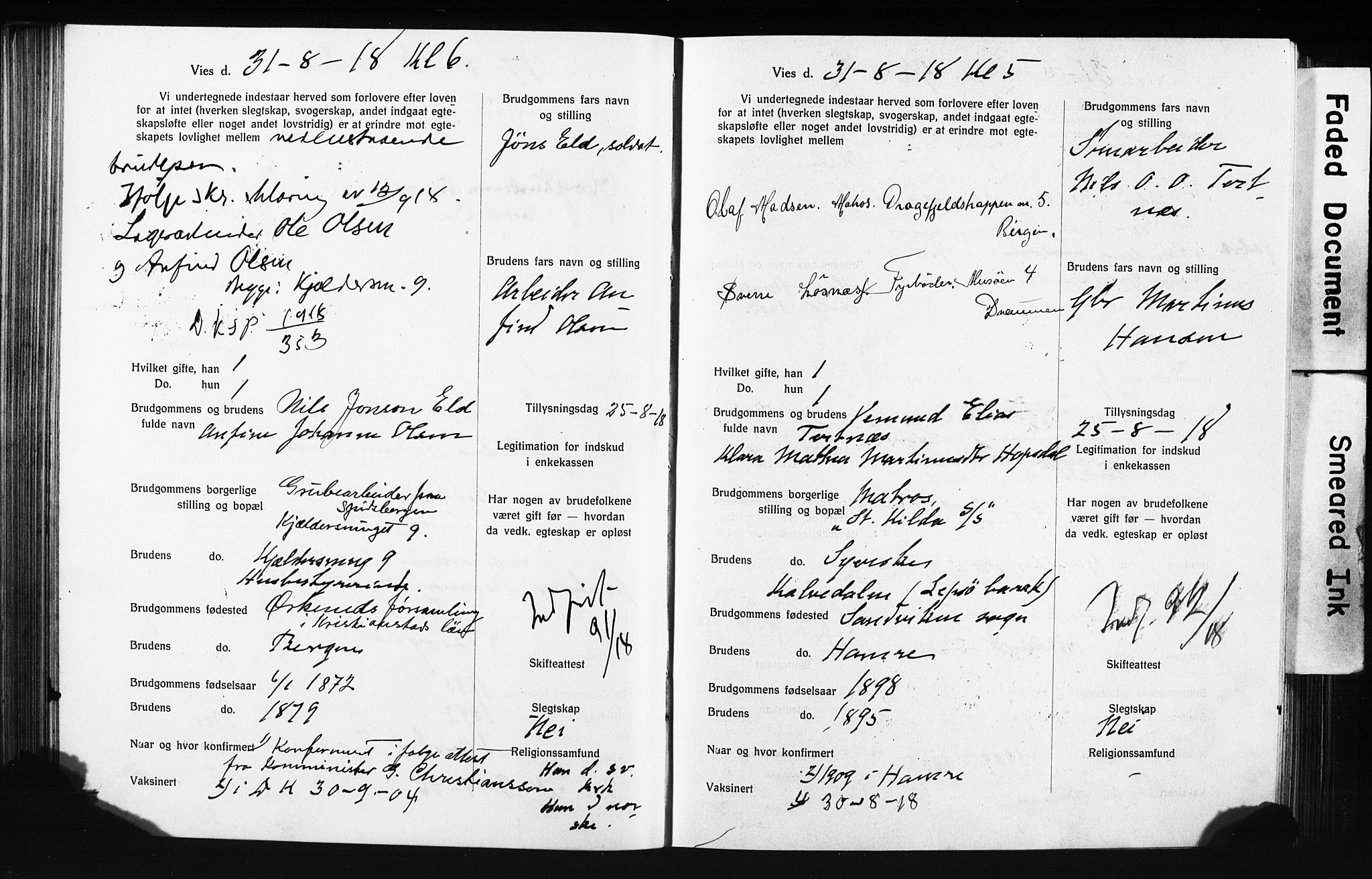Domkirken sokneprestembete, SAB/A-74801: Forlovererklæringer nr. II.5.13, 1917-1922, s. 106