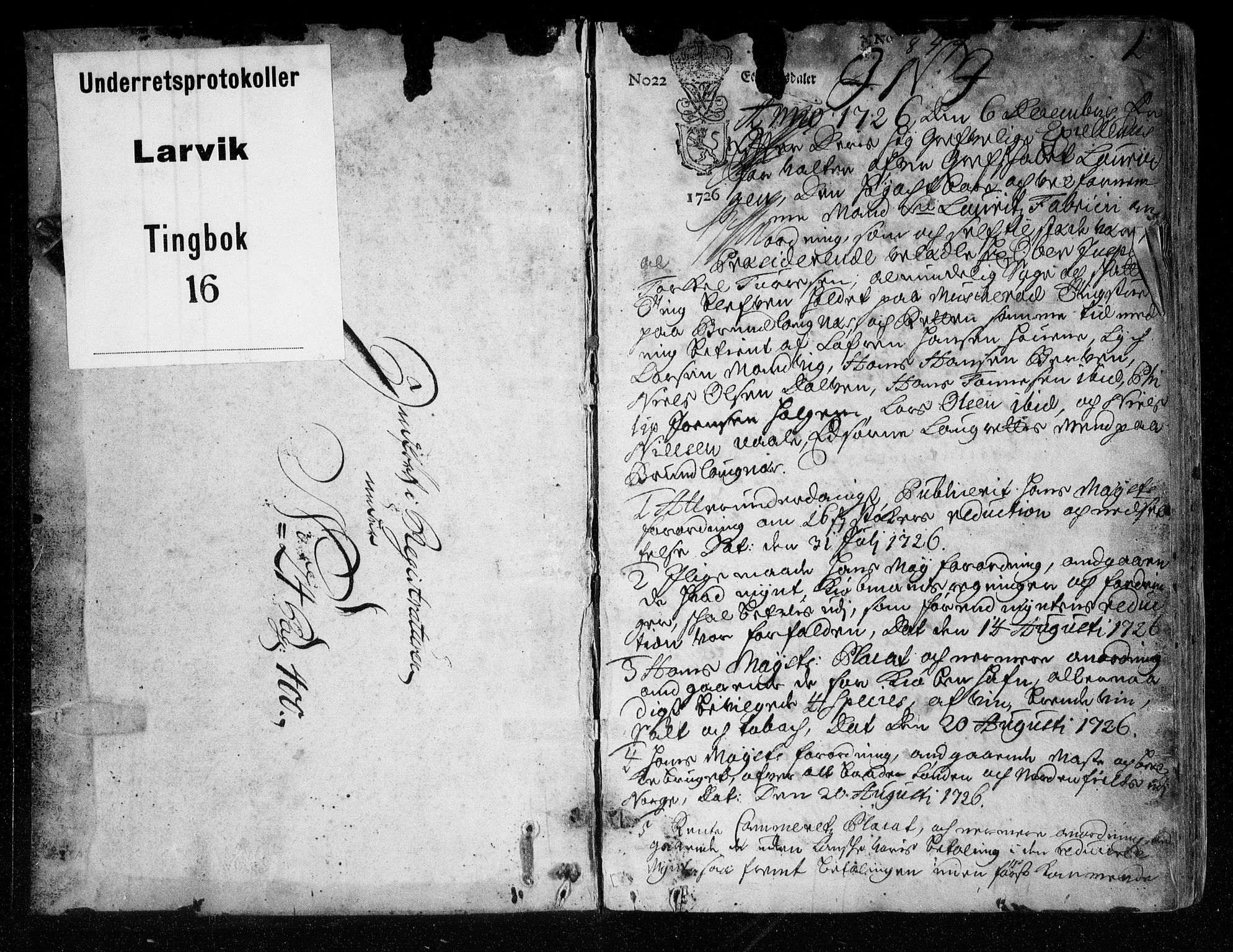 Larvik sorenskriveri, SAKO/A-83/F/Fa/L0016: Tingbok, 1726-1729, s. 1