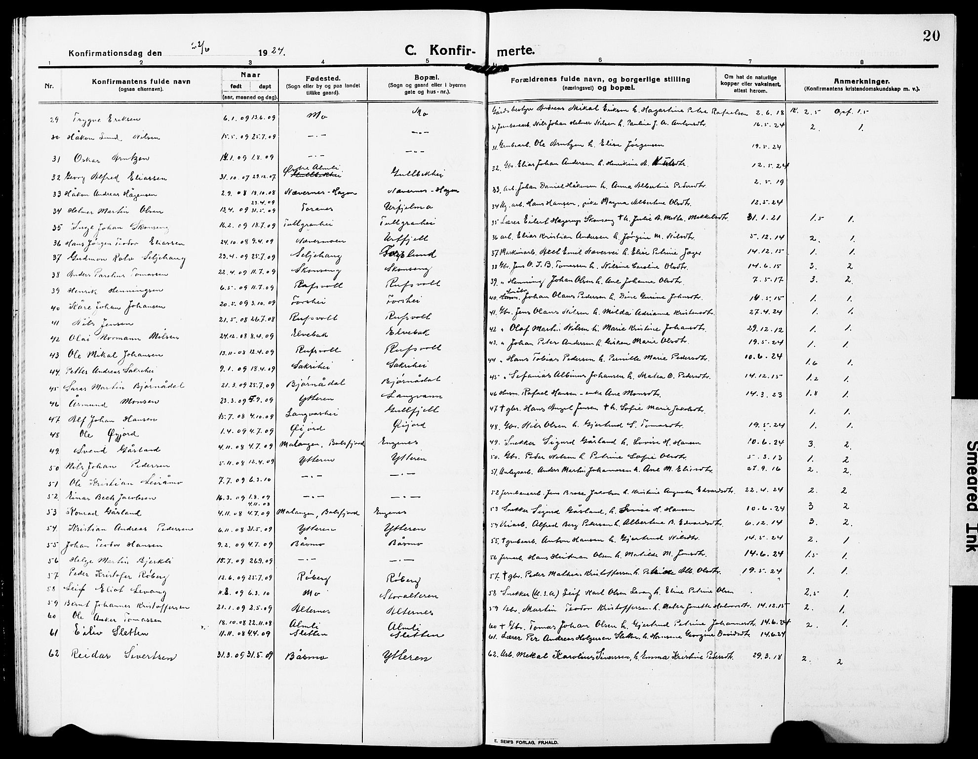 Ministerialprotokoller, klokkerbøker og fødselsregistre - Nordland, AV/SAT-A-1459/827/L0424: Klokkerbok nr. 827C13, 1921-1930, s. 20