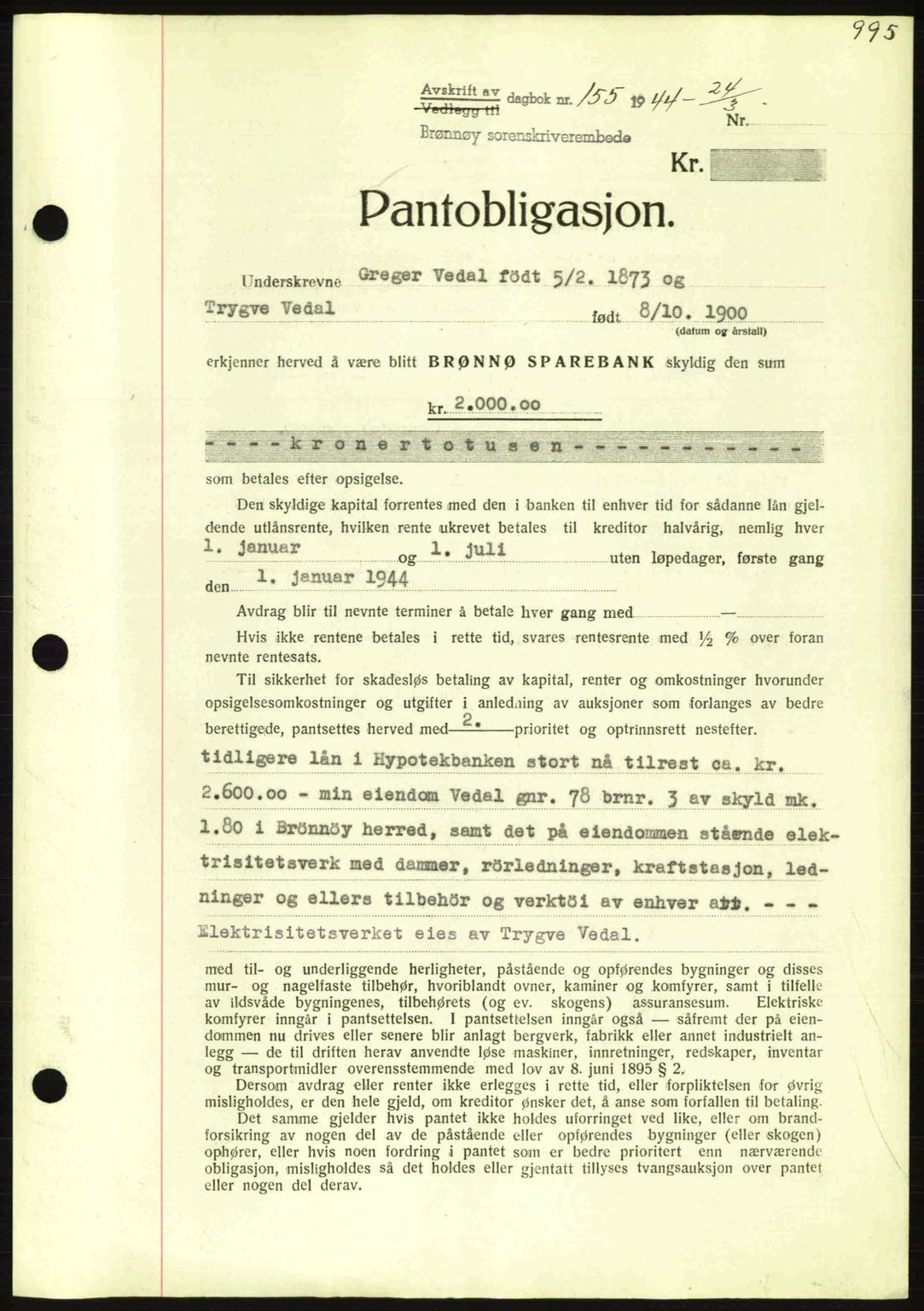 Brønnøy sorenskriveri, SAT/A-4170/1/2/2C: Pantebok nr. 23, 1943-1944, Dagboknr: 155/1944