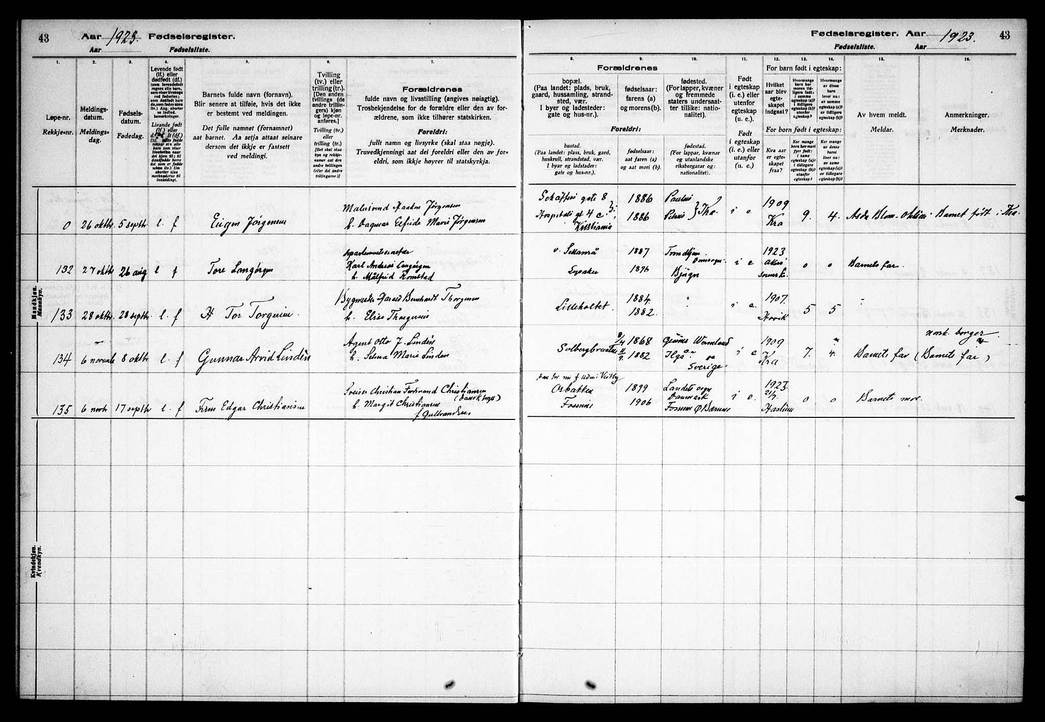 Østre Bærum prestekontor Kirkebøker, AV/SAO-A-10887/J/Ja/L0002: Fødselsregister nr. 2, 1922-1928, s. 43