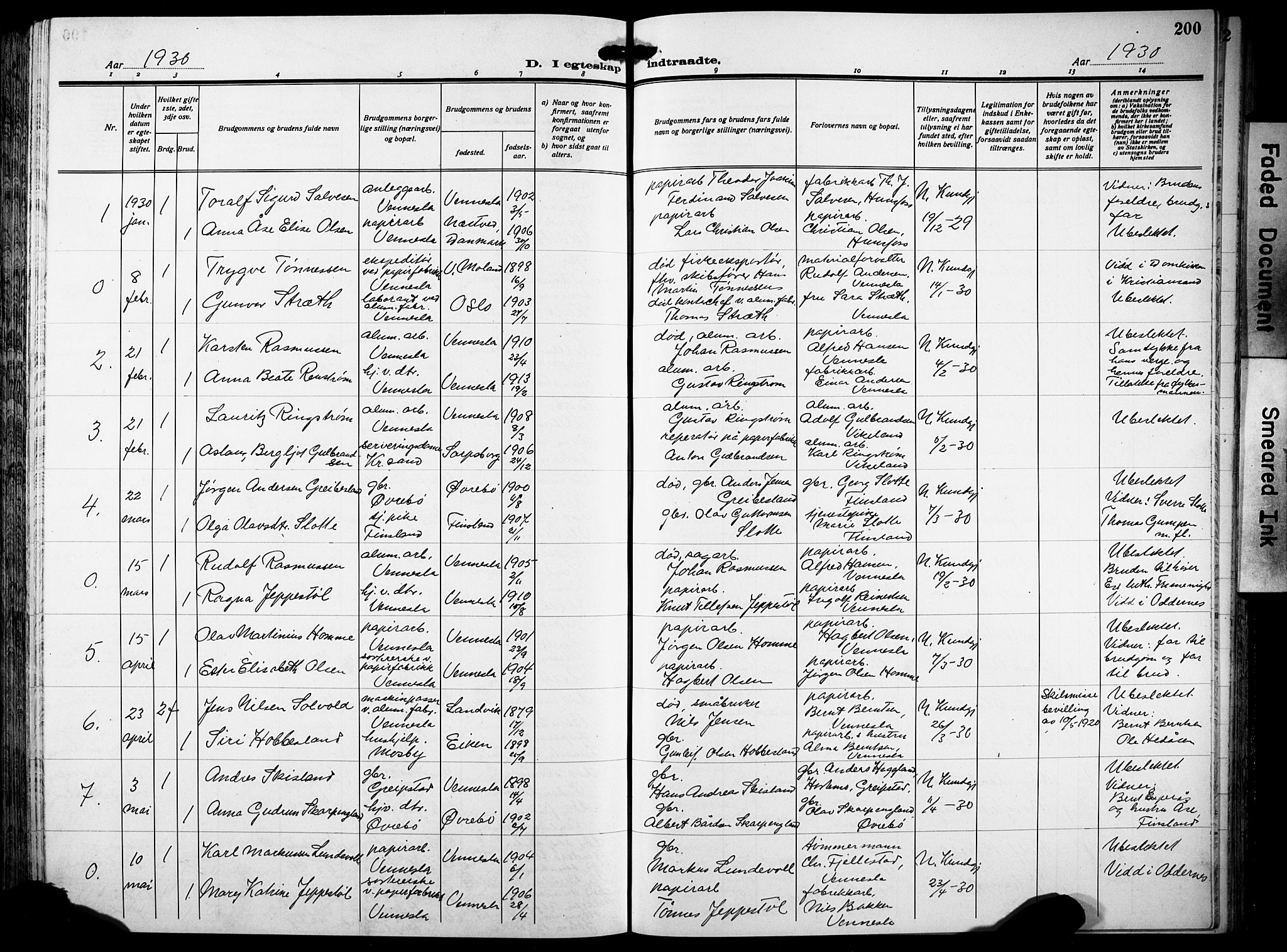 Vennesla sokneprestkontor, SAK/1111-0045/Fb/Fbb/L0007: Klokkerbok nr. B 7, 1922-1933, s. 200