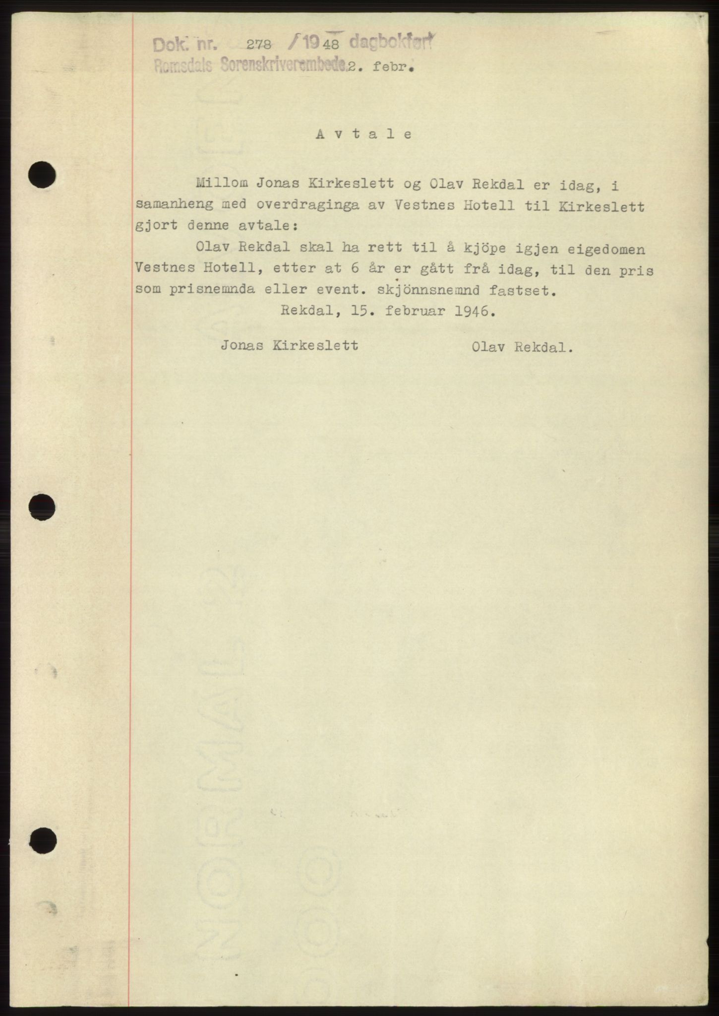 Romsdal sorenskriveri, SAT/A-4149/1/2/2C: Pantebok nr. B3, 1946-1948, Dagboknr: 278/1948