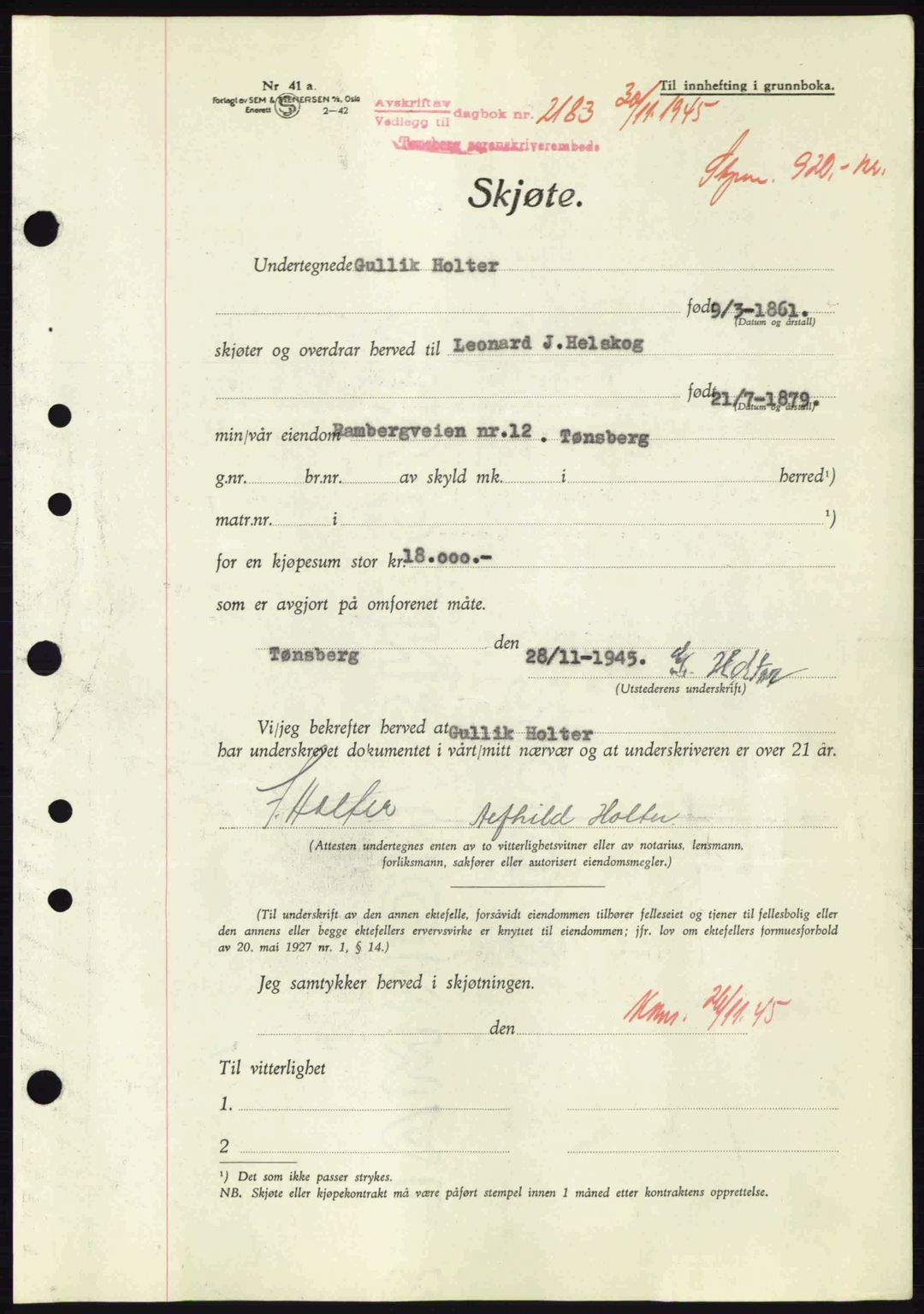 Tønsberg sorenskriveri, AV/SAKO-A-130/G/Ga/Gaa/L0017a: Pantebok nr. A17a, 1945-1945, Dagboknr: 2183/1945