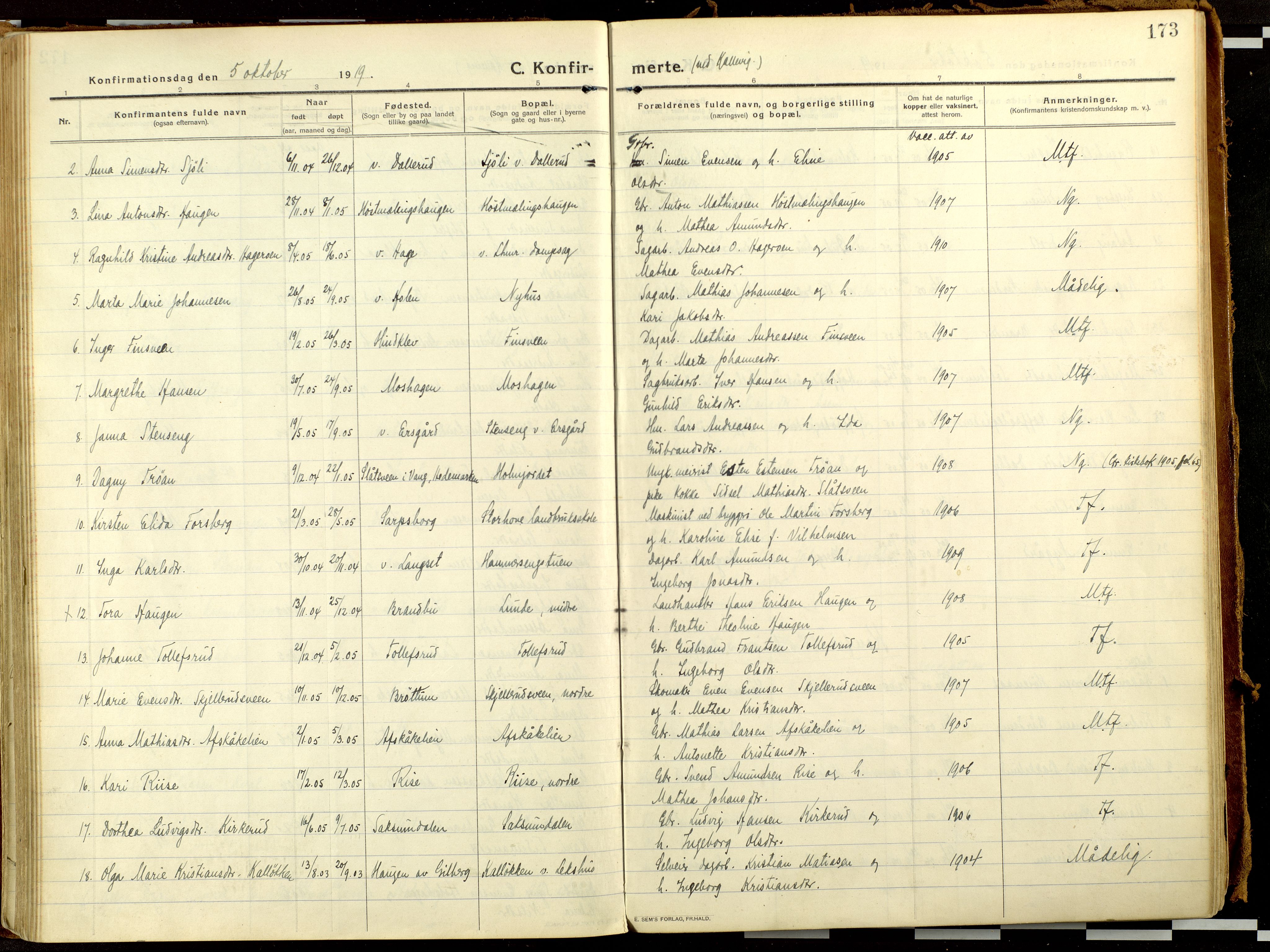 Fåberg prestekontor, AV/SAH-PREST-086/H/Ha/Haa/L0013: Ministerialbok nr. 13, 1913-1928, s. 173