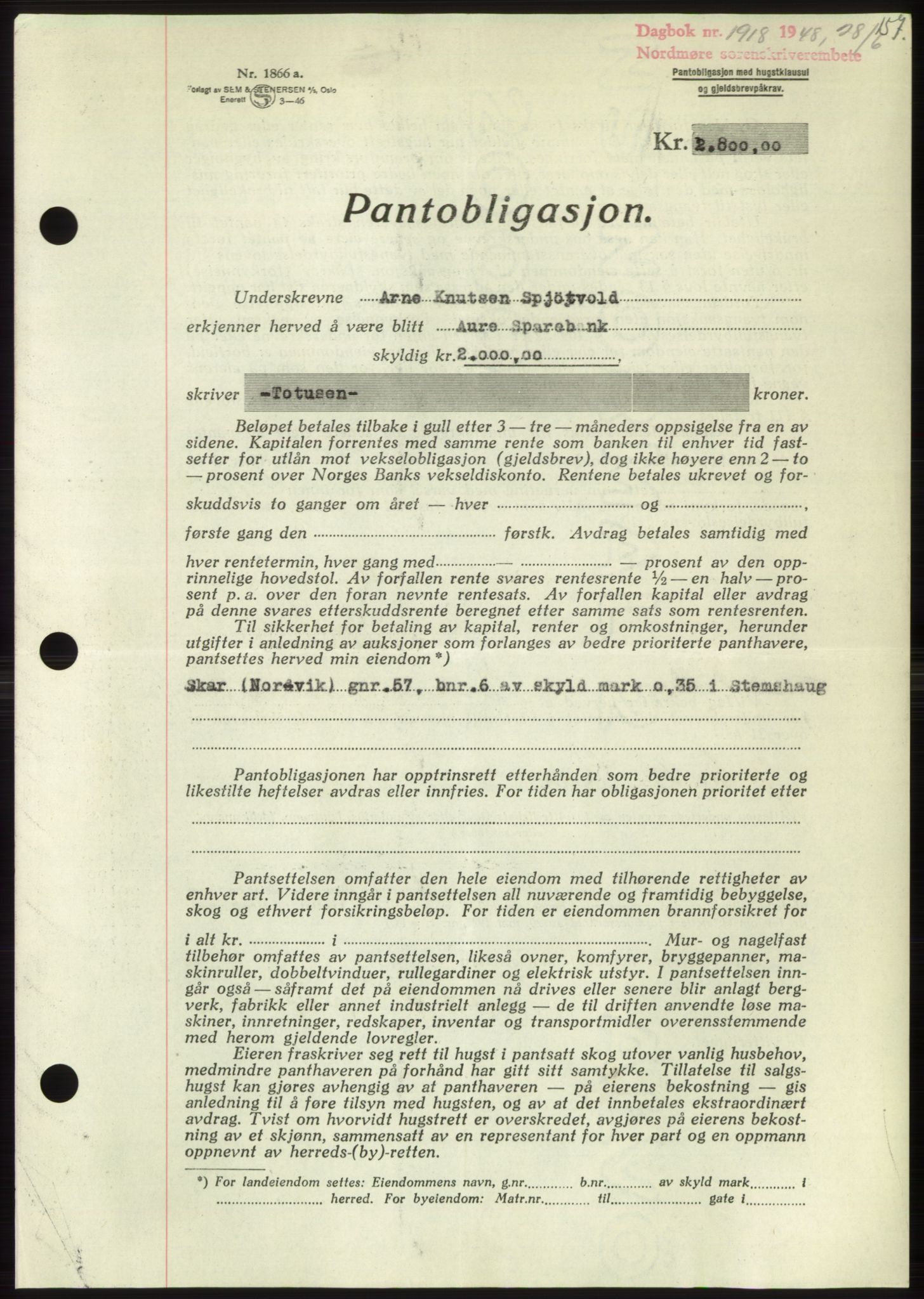 Nordmøre sorenskriveri, SAT/A-4132/1/2/2Ca: Pantebok nr. B99, 1948-1948, Dagboknr: 1918/1948