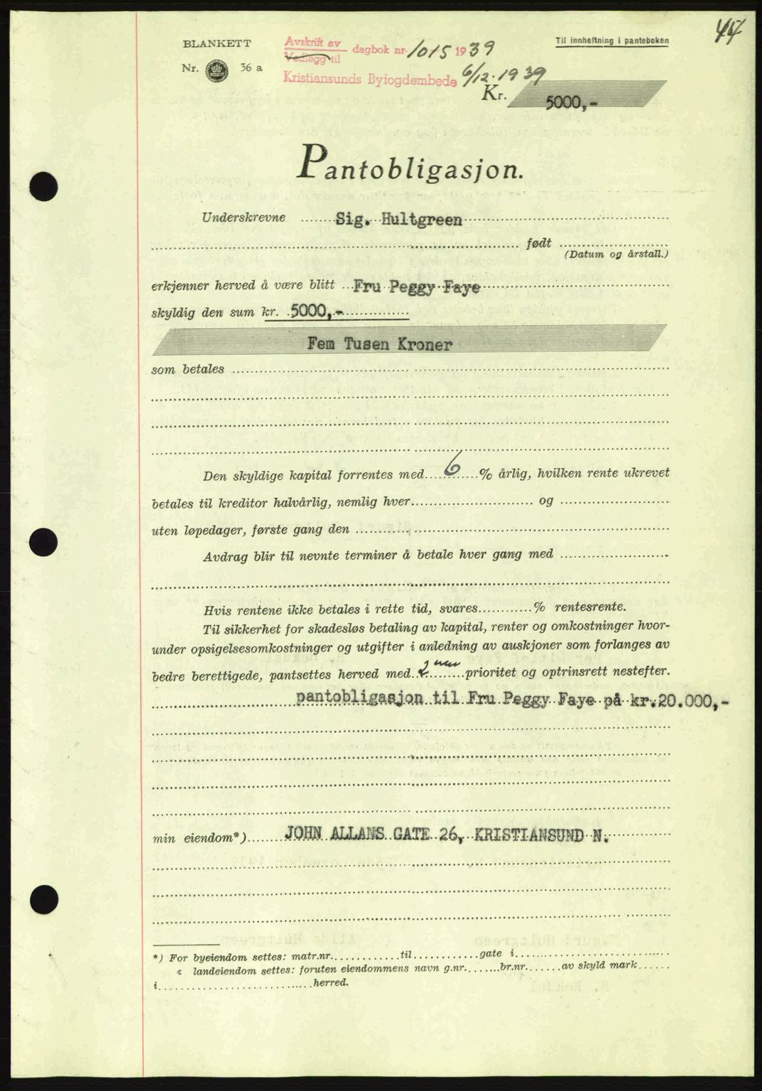 Kristiansund byfogd, AV/SAT-A-4587/A/27: Pantebok nr. 33, 1939-1941, Dagboknr: 1015/1939
