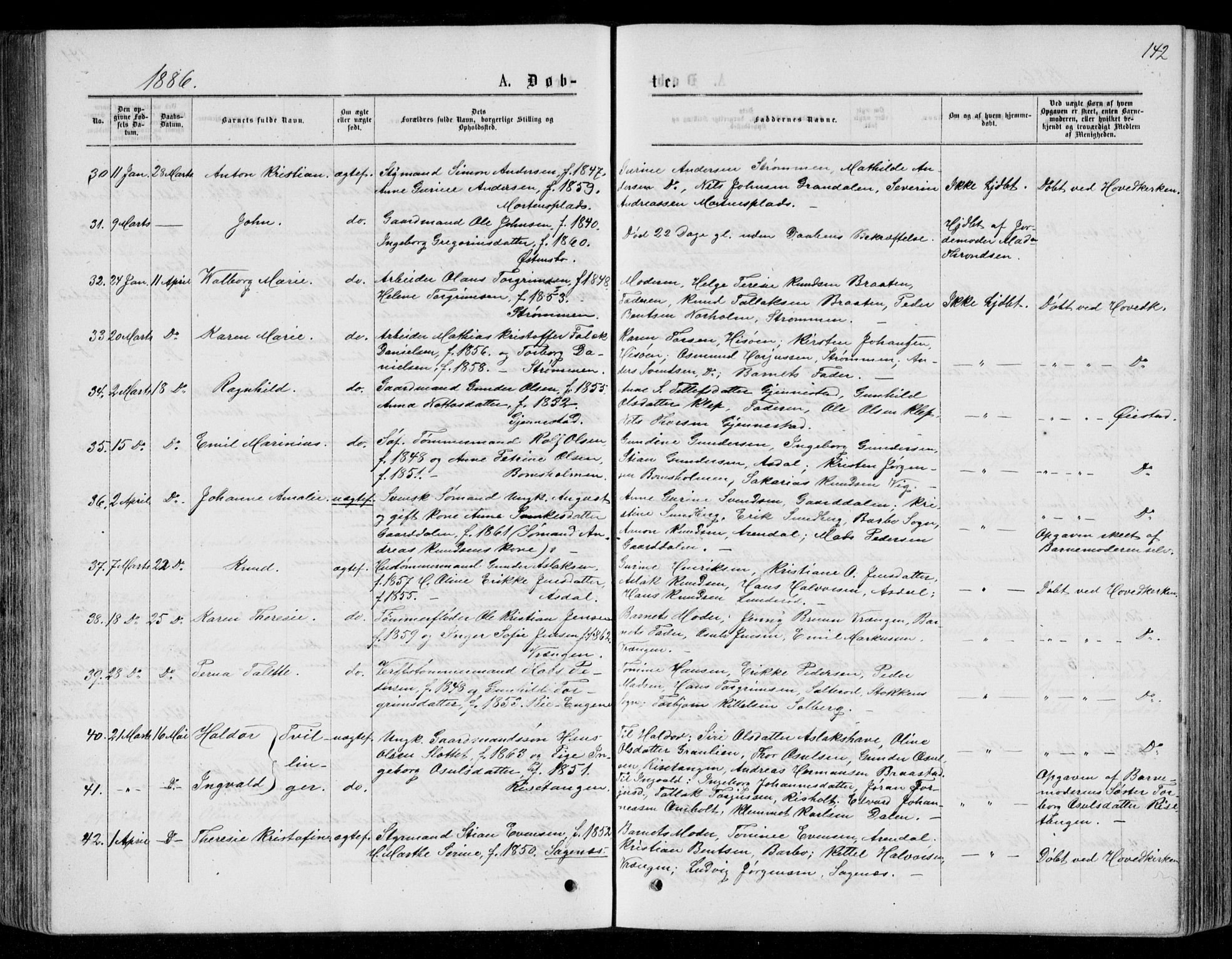 Øyestad sokneprestkontor, AV/SAK-1111-0049/F/Fb/L0008: Klokkerbok nr. B 8, 1872-1886, s. 142