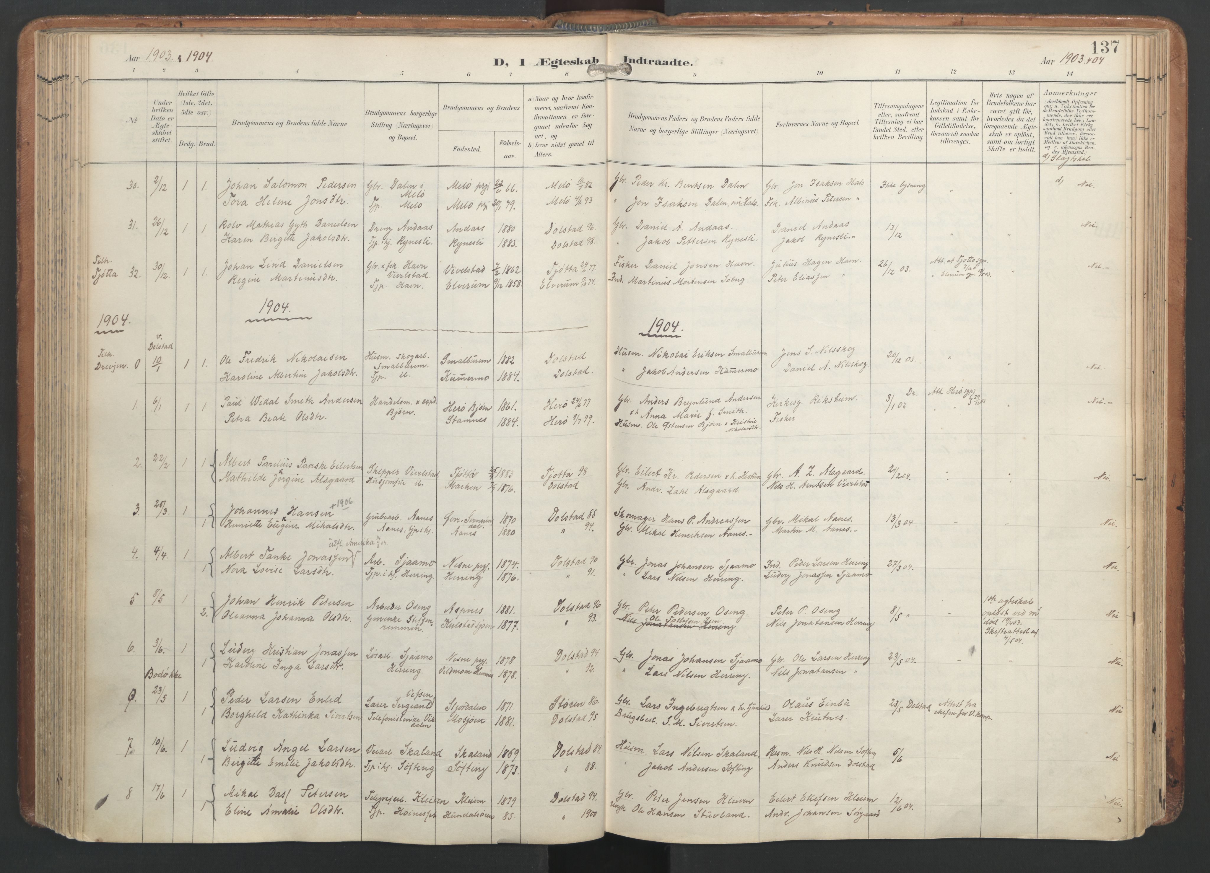 Ministerialprotokoller, klokkerbøker og fødselsregistre - Nordland, AV/SAT-A-1459/820/L0298: Ministerialbok nr. 820A19, 1897-1915, s. 137
