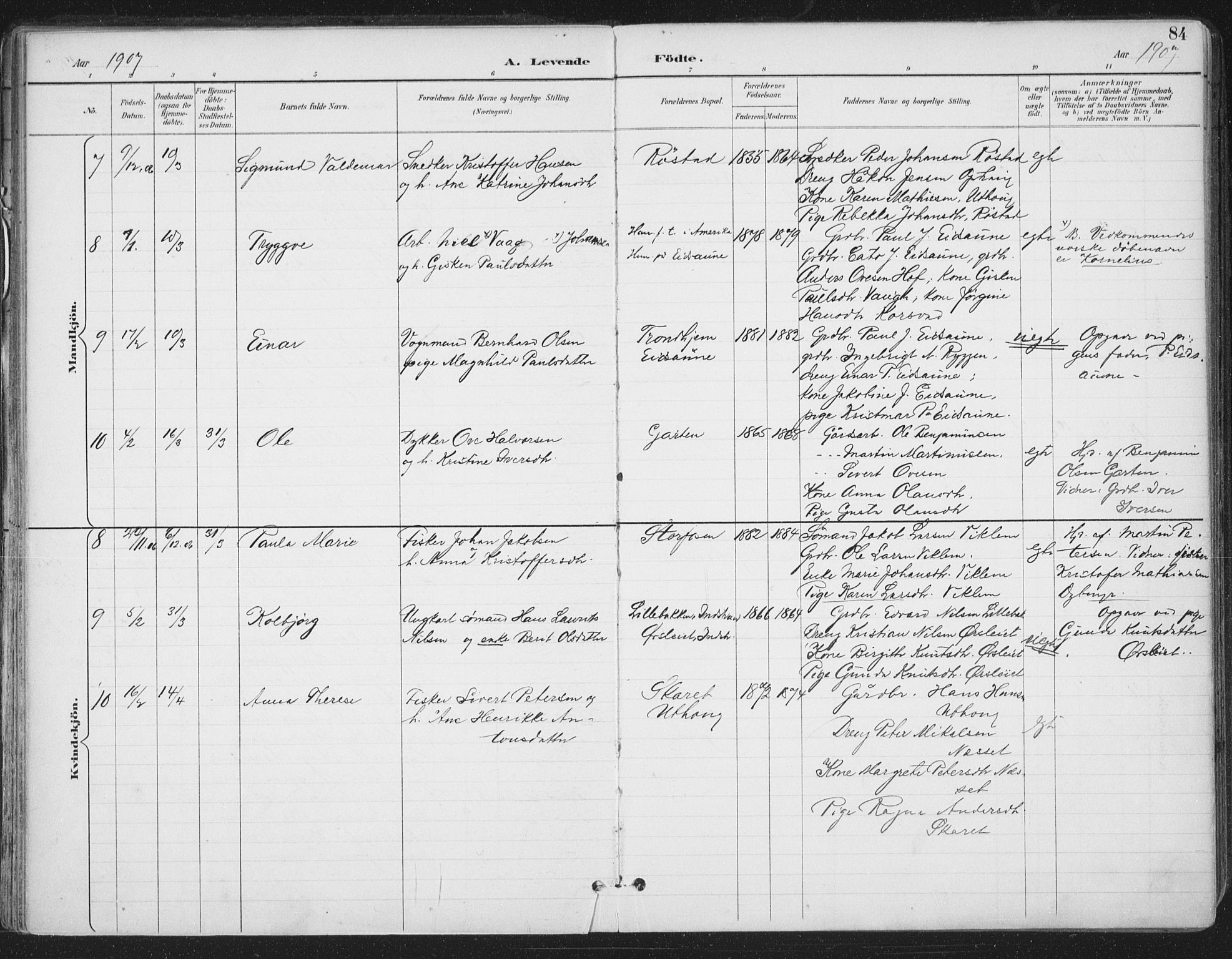 Ministerialprotokoller, klokkerbøker og fødselsregistre - Sør-Trøndelag, SAT/A-1456/659/L0743: Ministerialbok nr. 659A13, 1893-1910, s. 84