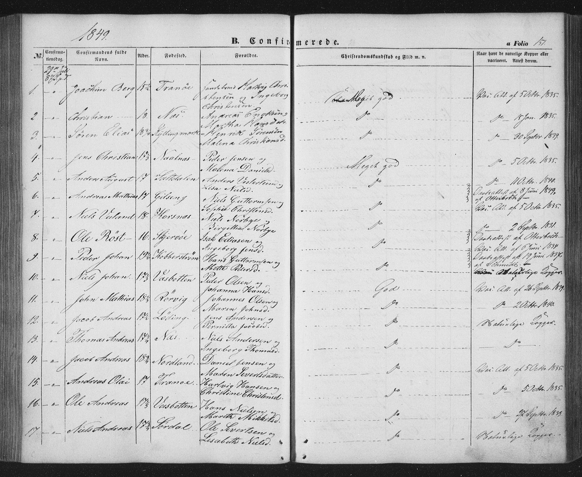 Ministerialprotokoller, klokkerbøker og fødselsregistre - Nordland, SAT/A-1459/859/L0844: Ministerialbok nr. 859A04, 1849-1862, s. 151